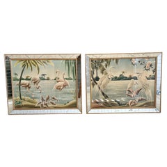 Pair Mid Century Flamingo & Egrets Prints by Turner in Mirror Frames