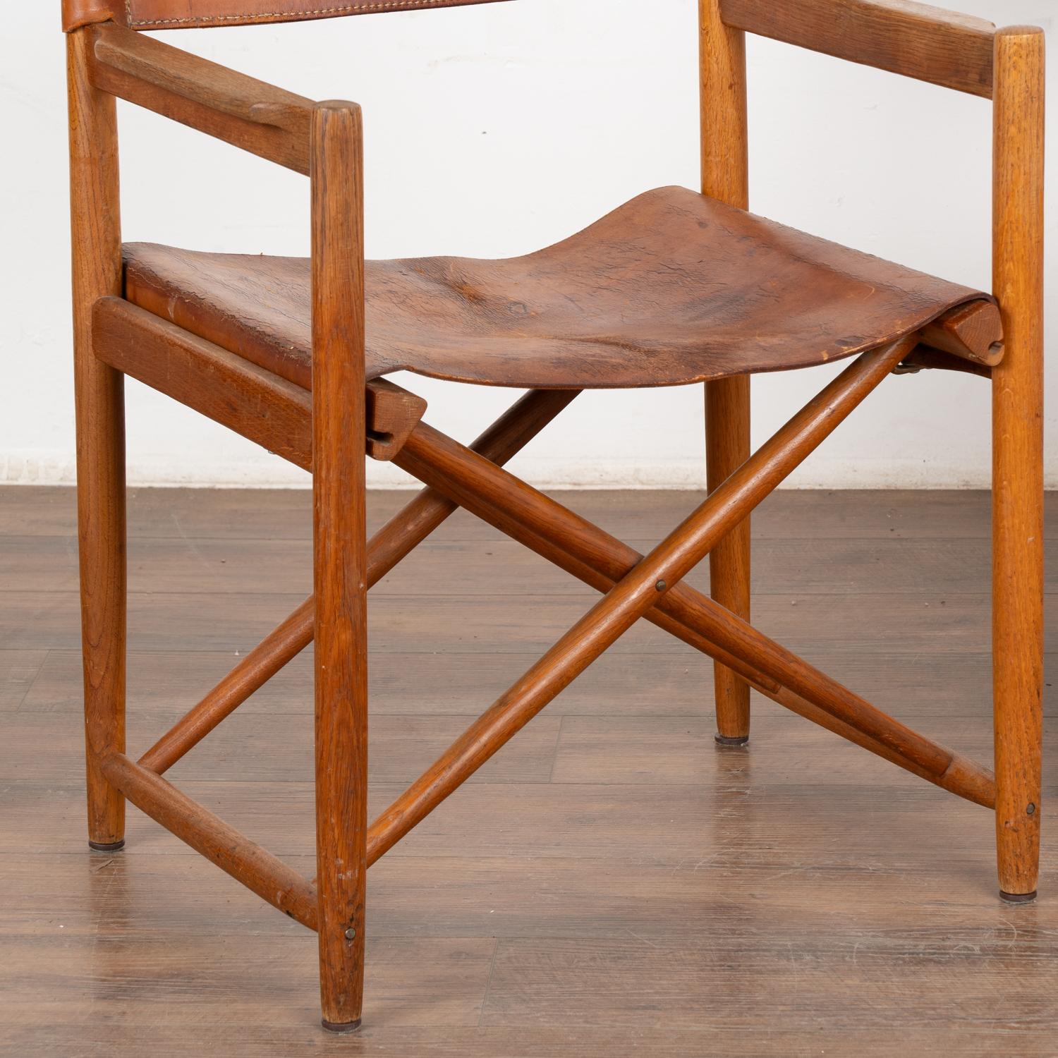 Pair, Mid Century Folding Brown Leather Chairs, Denmark circa 1960 4
