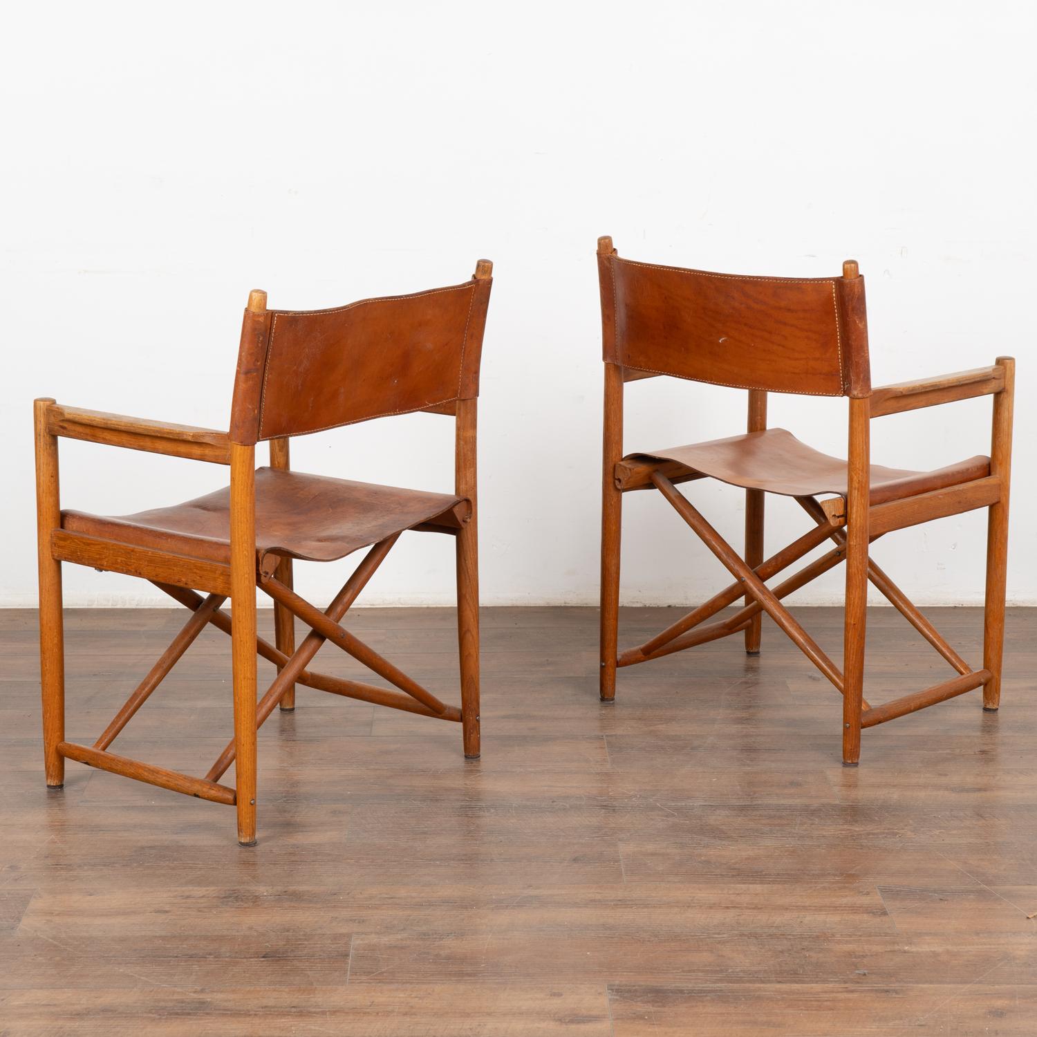 Pair, Mid Century Folding Brown Leather Chairs, Denmark circa 1960 6