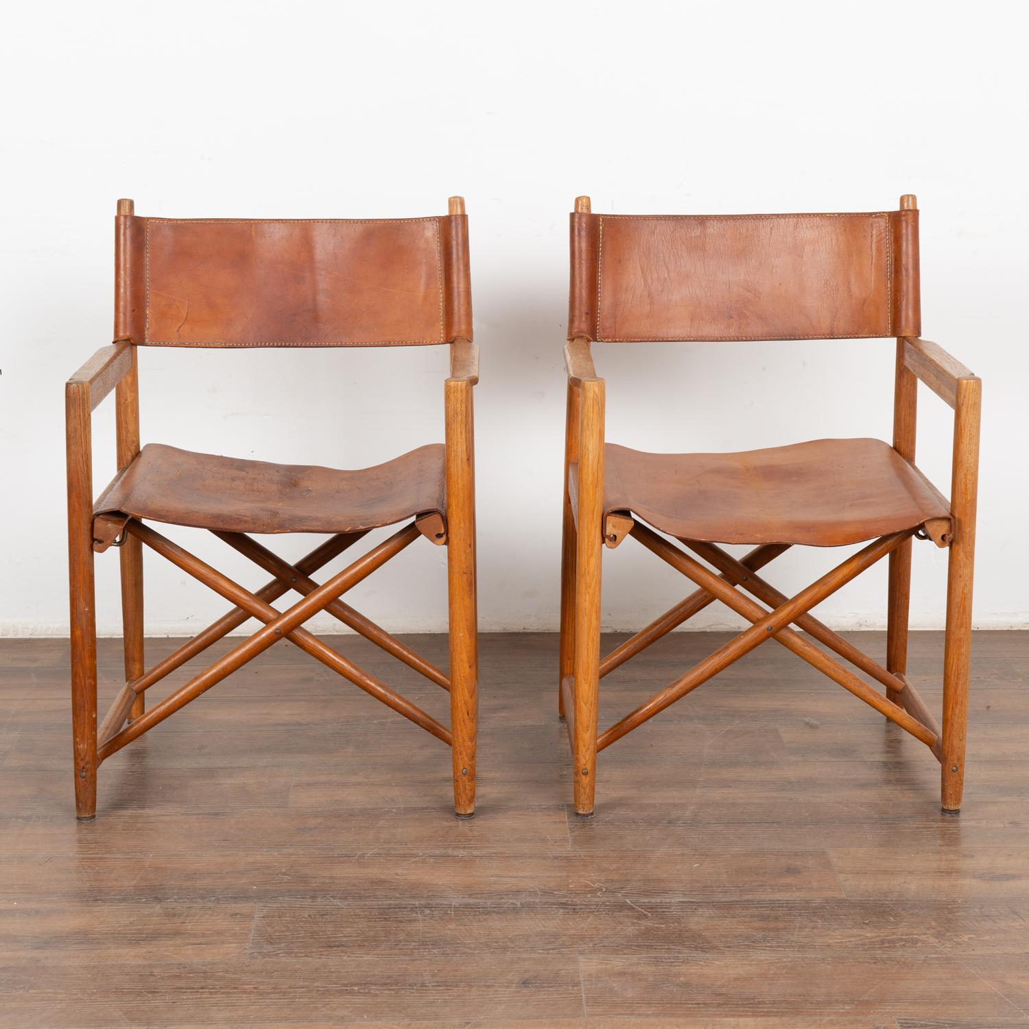 Mid-Century Modern Pair, Mid Century Folding Brown Leather Chairs, Denmark circa 1960