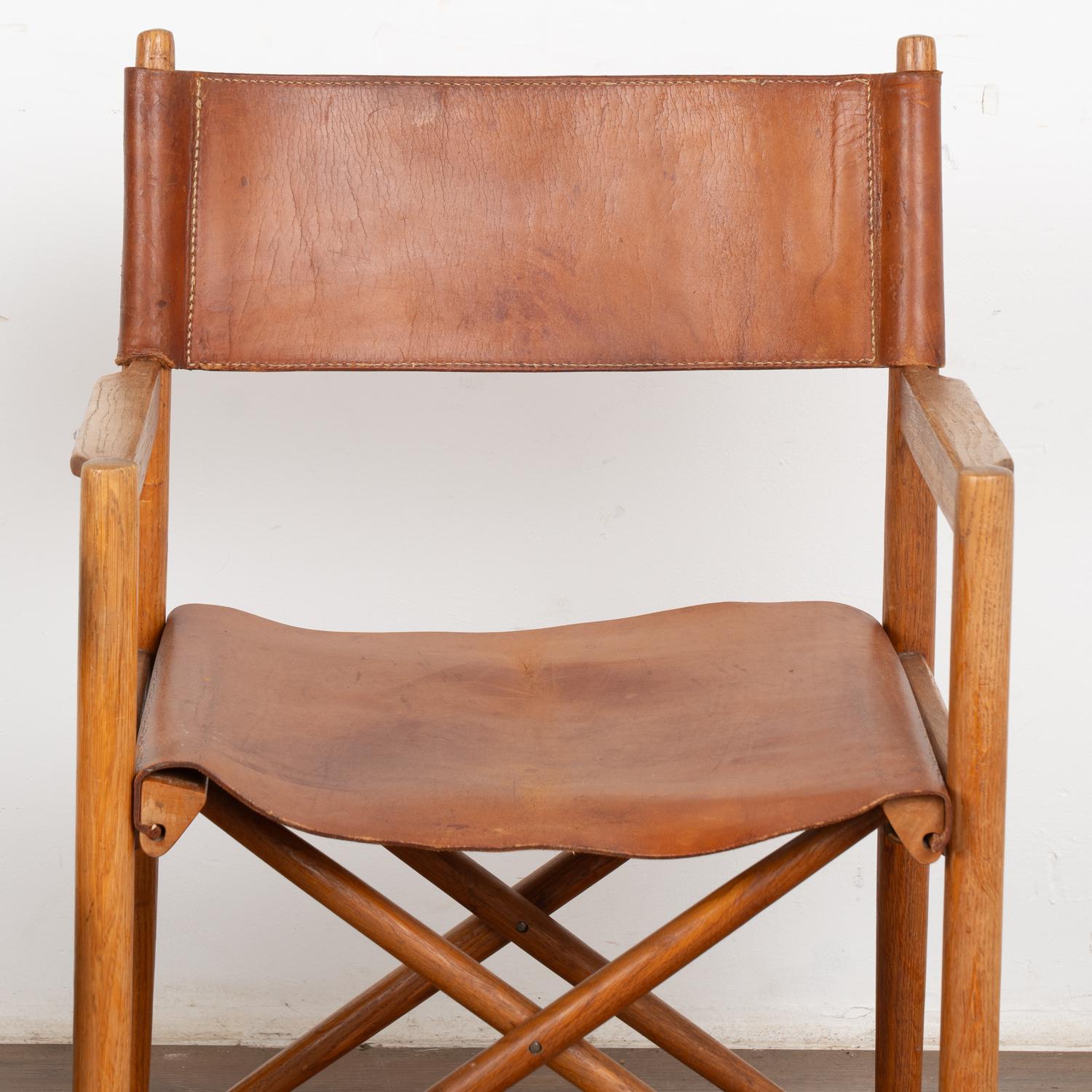 Danish Pair, Mid Century Folding Brown Leather Chairs, Denmark circa 1960