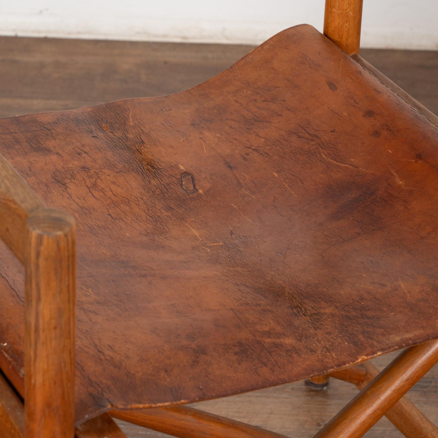 Pair, Mid Century Folding Brown Leather Chairs, Denmark circa 1960 2