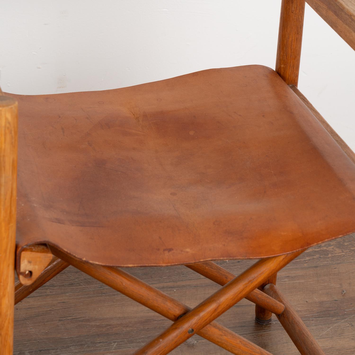 Pair, Mid Century Folding Brown Leather Chairs, Denmark circa 1960 3