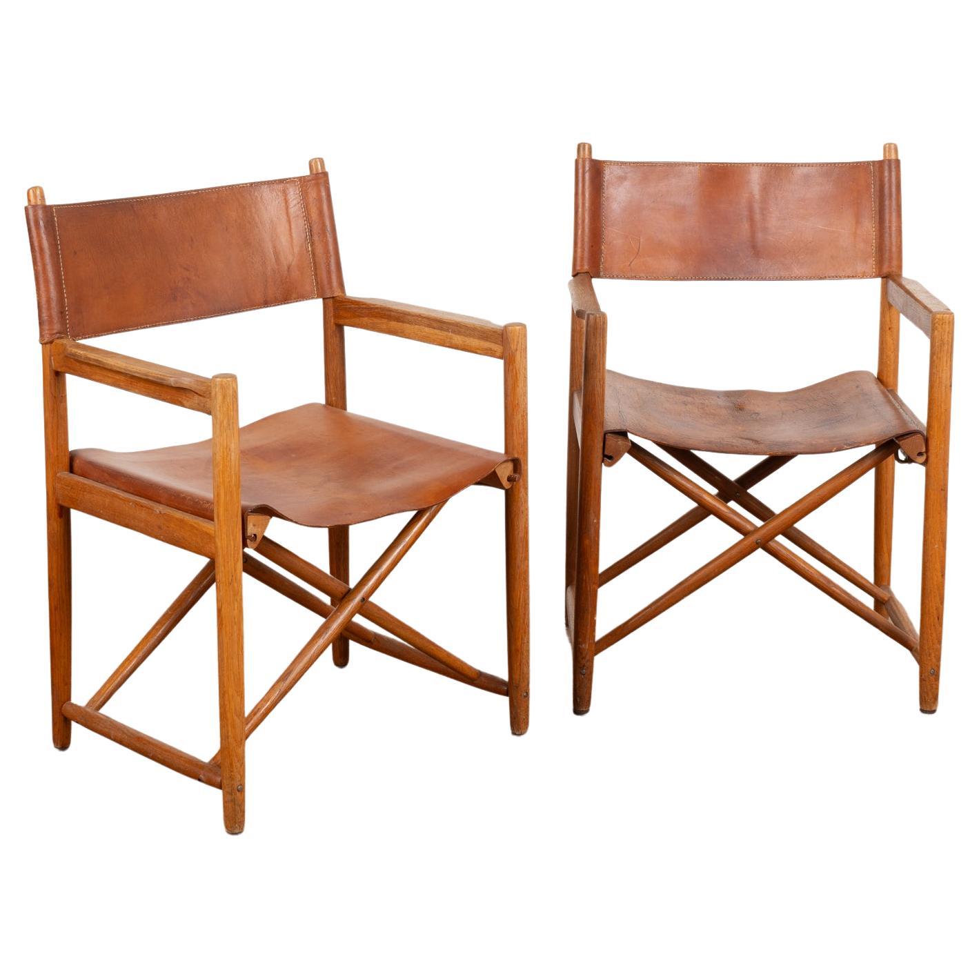 Pair, Mid Century Folding Brown Leather Chairs, Denmark circa 1960