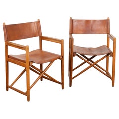 Pair, Mid Century Folding Brown Leather Chairs, Denmark circa 1960