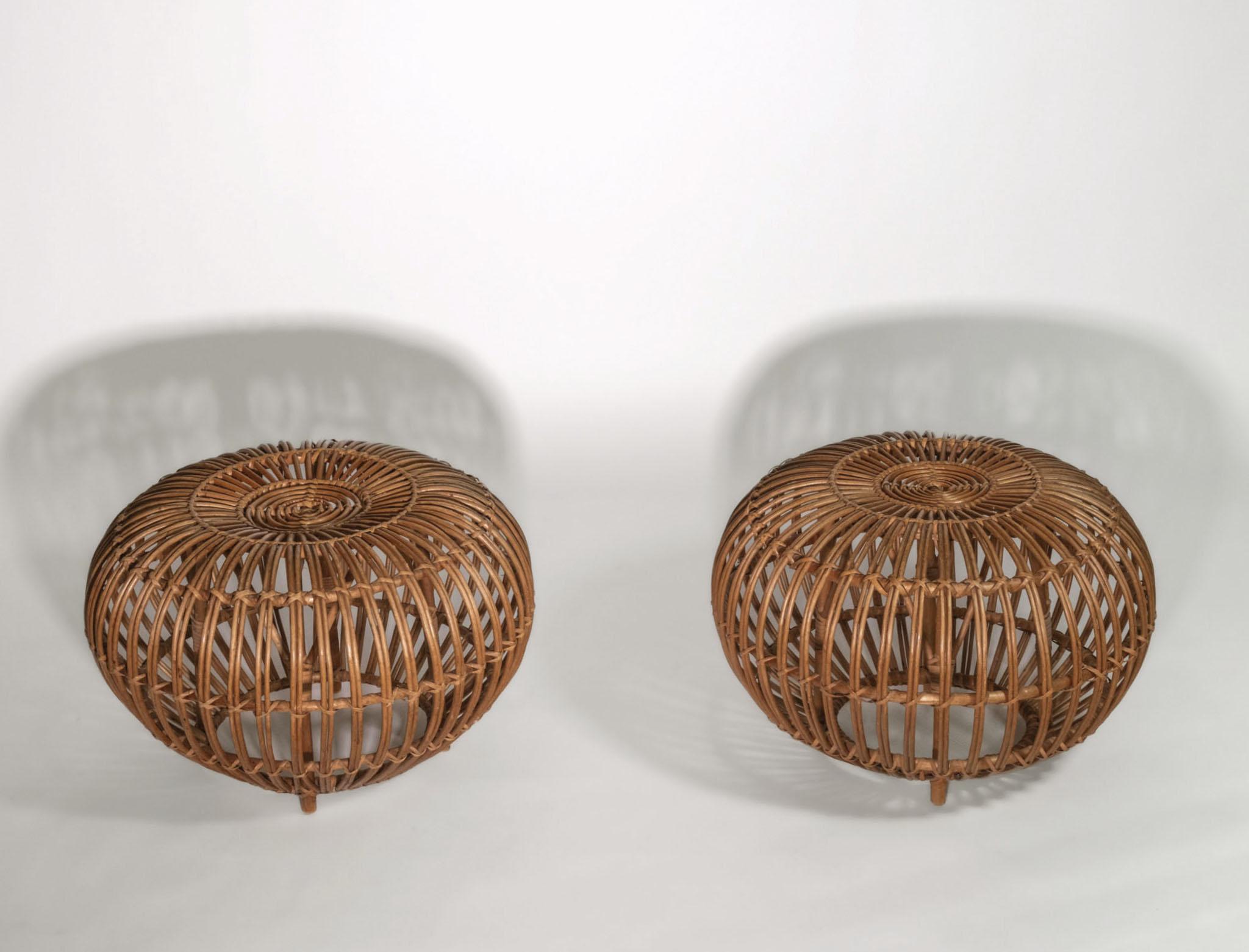 Pair Mid century Franco Albini Large Rattan Cane 'lobster Pot' Ottoman Stools In Fair Condition For Sale In Norwich, GB