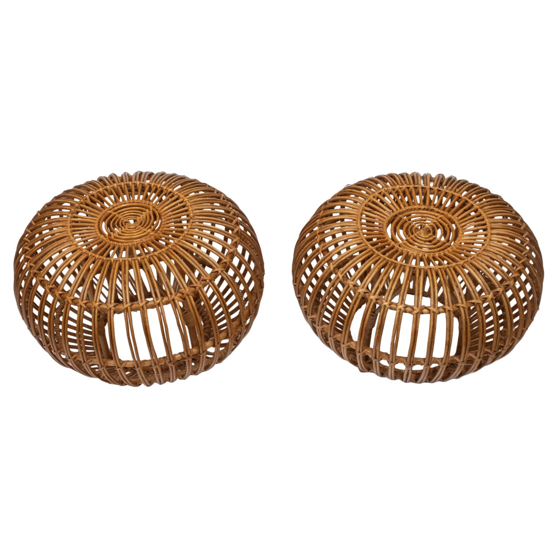 Pair Mid century Franco Albini Large Rattan Cane 'lobster Pot' Ottoman Stools For Sale