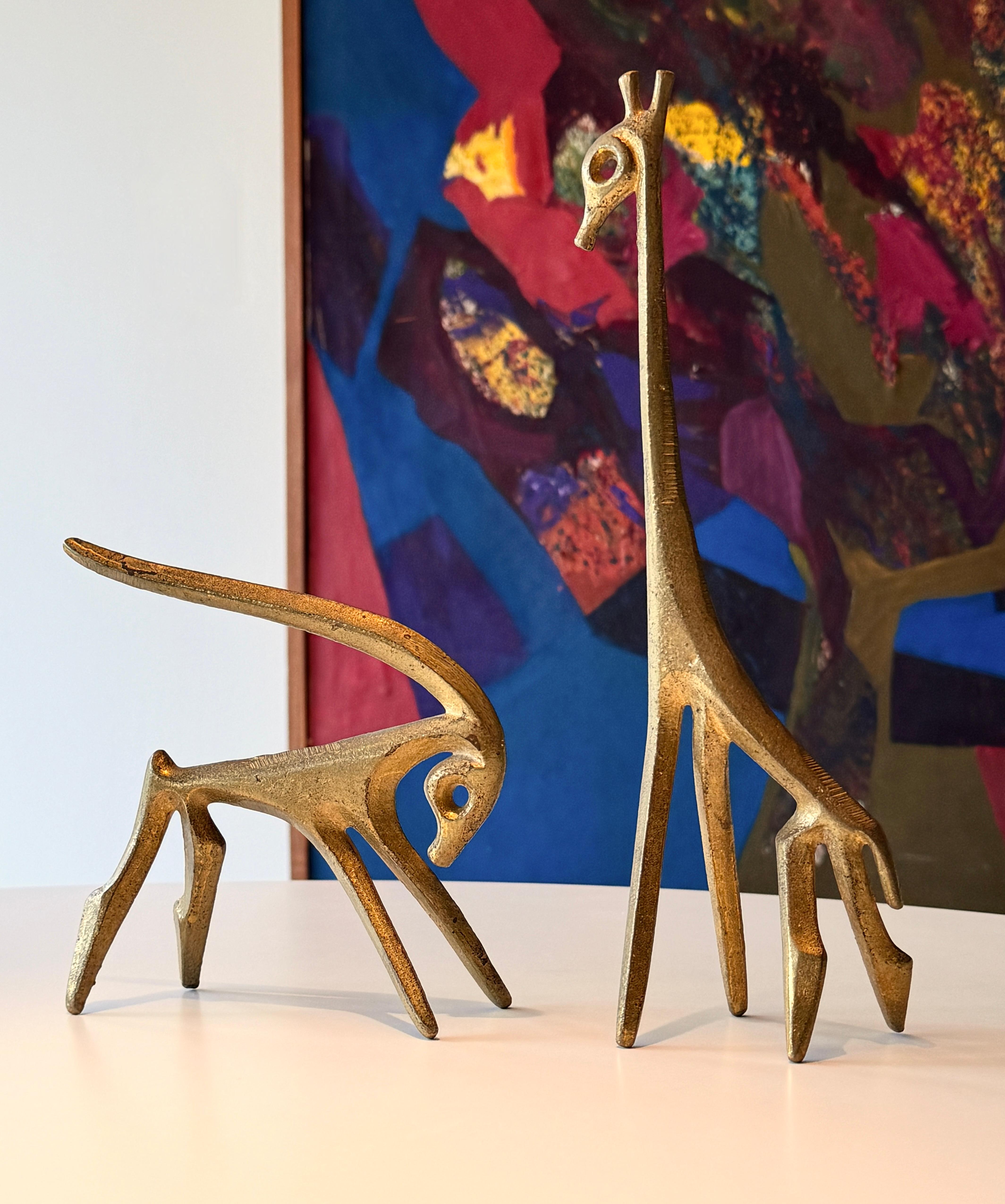 Mid-Century Modern Pair Mid Century Frederic Weinberg Bronze Sculptures Giraffe and Gazelle Form For Sale