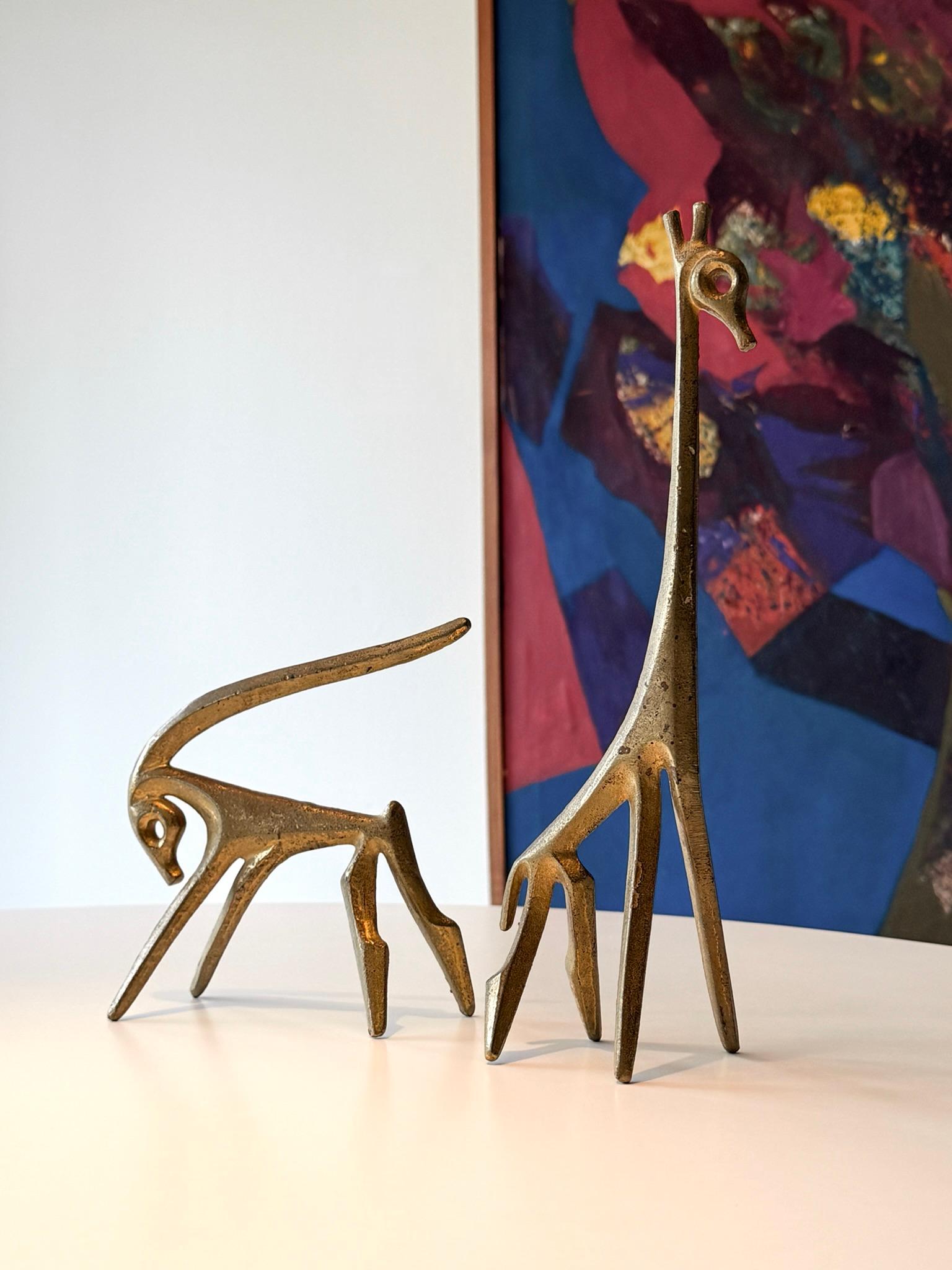 American Pair Mid Century Frederic Weinberg Bronze Sculptures Giraffe and Gazelle Form For Sale