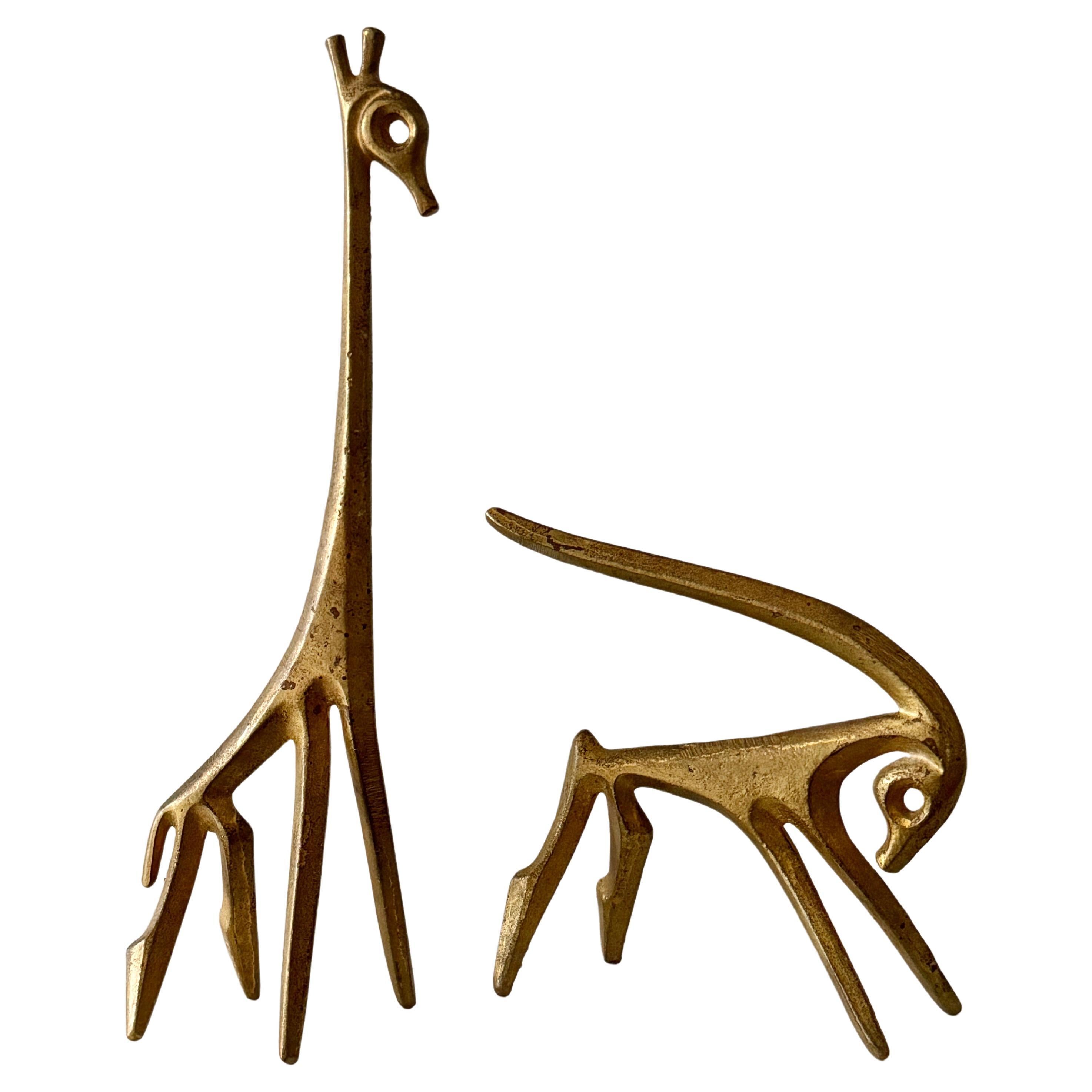 Pair Mid Century Frederic Weinberg Bronze Sculptures Giraffe and Gazelle Form For Sale