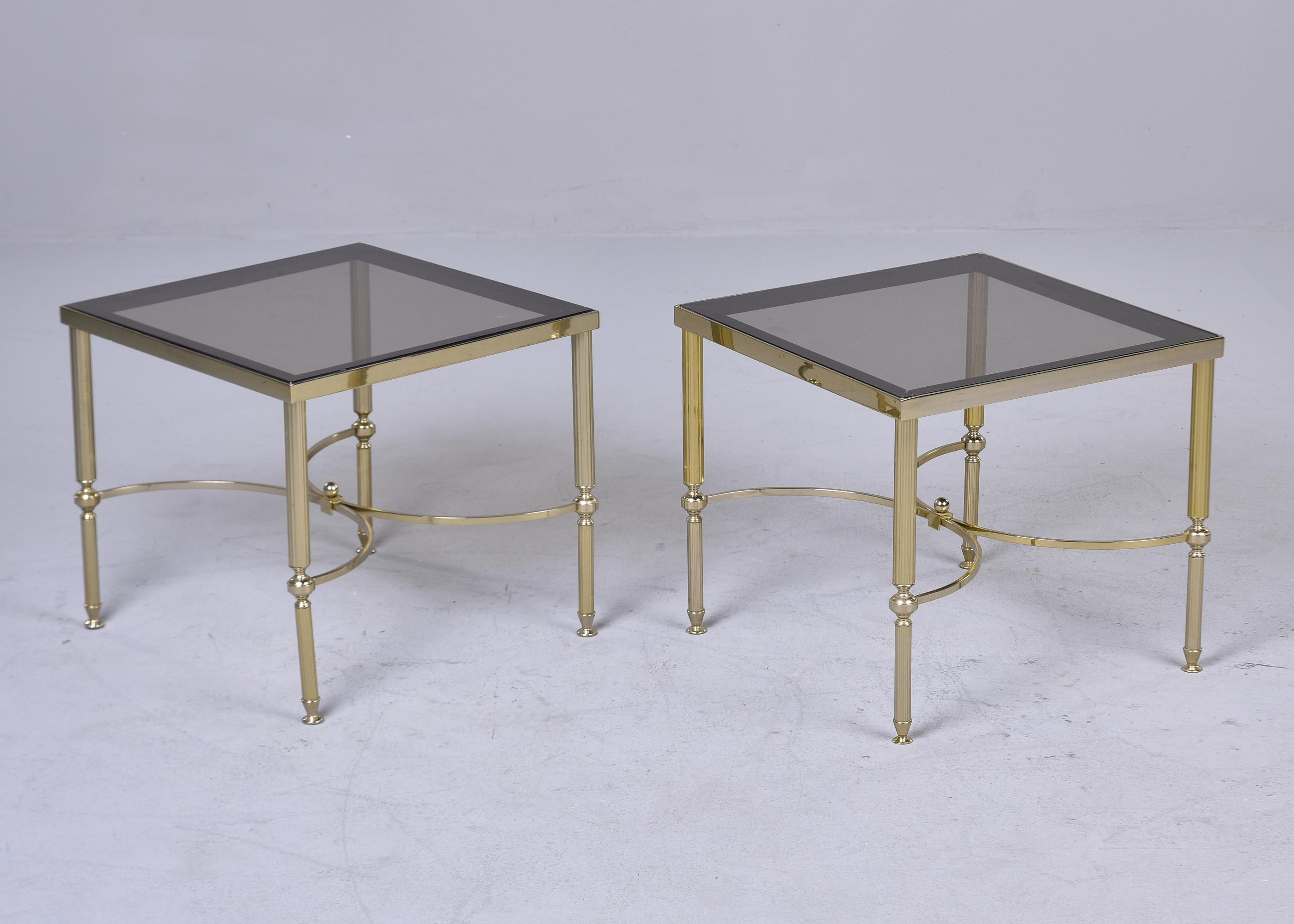 Pair Mid Century French Brass and Smoked Glass Top Side Tables For Sale 2