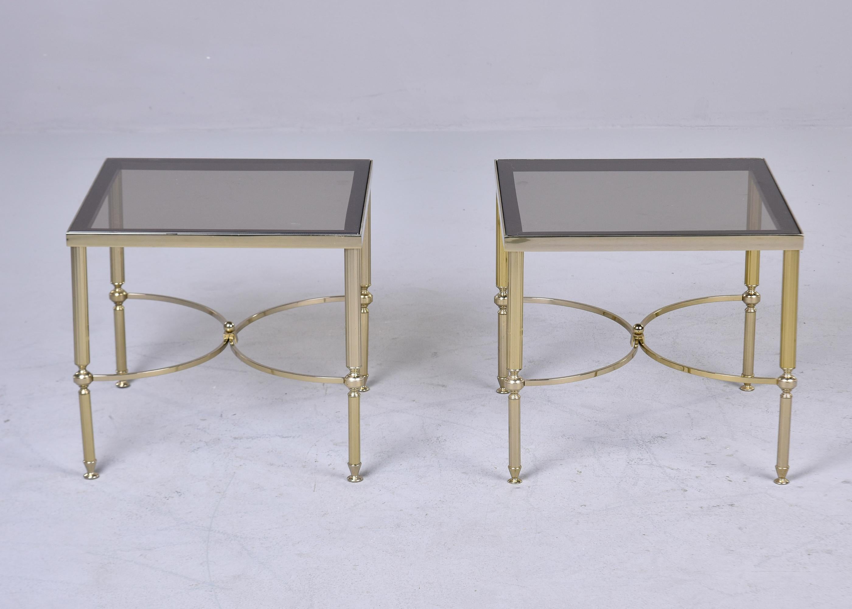 Pair Mid Century French Brass and Smoked Glass Top Side Tables For Sale 3