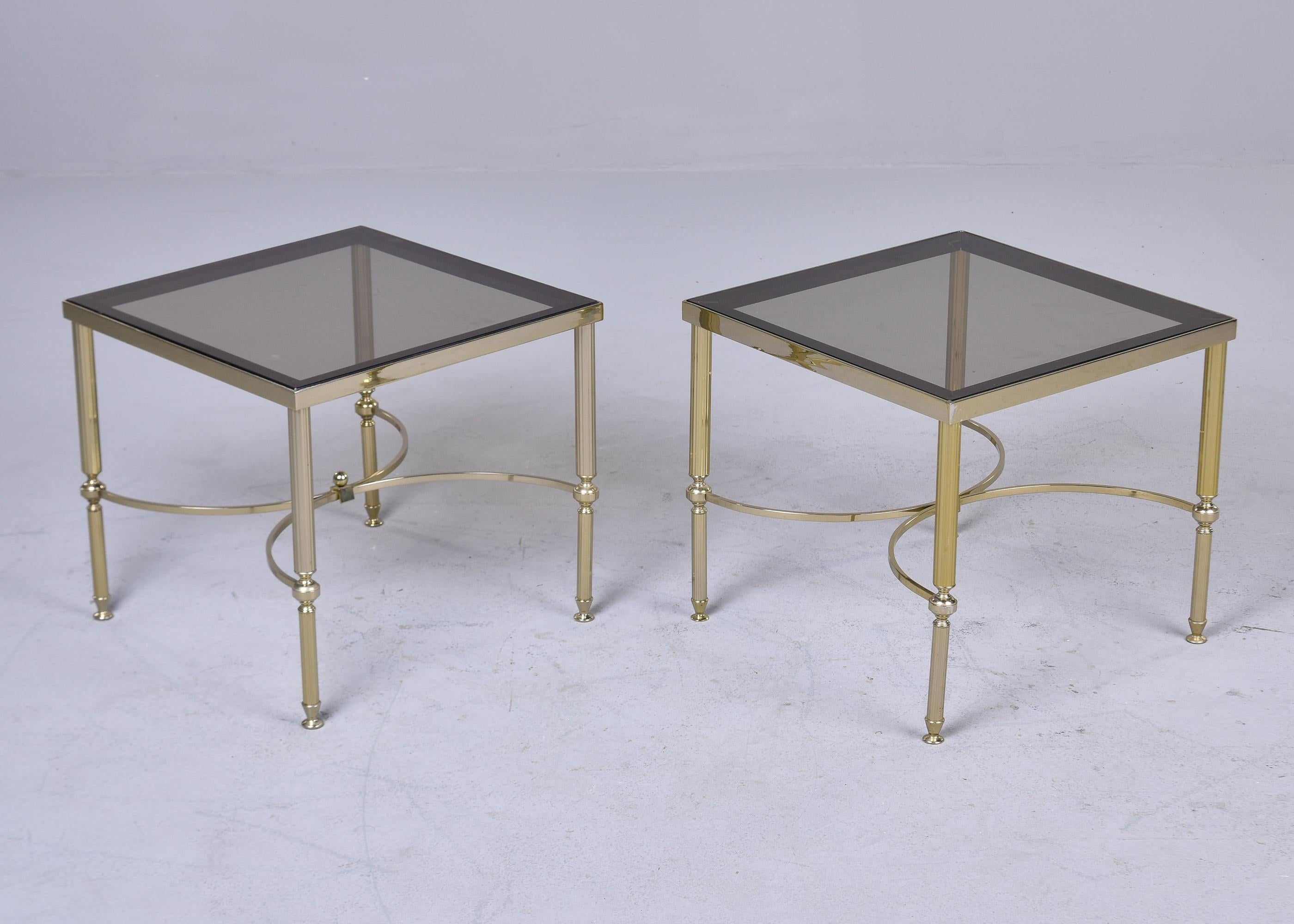 Pair Mid Century French Brass and Smoked Glass Top Side Tables For Sale 4