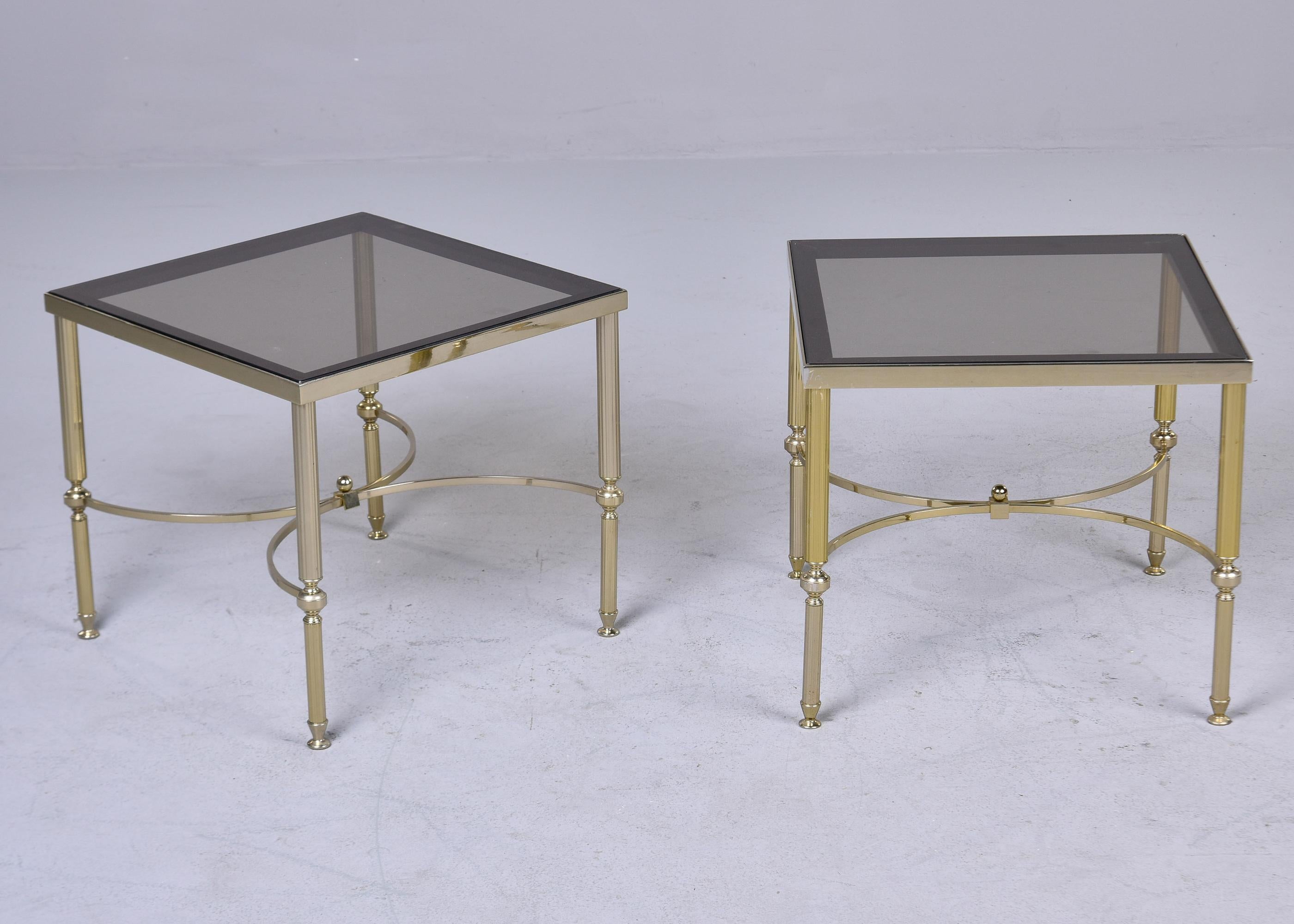 Pair Mid Century French Brass and Smoked Glass Top Side Tables For Sale 5