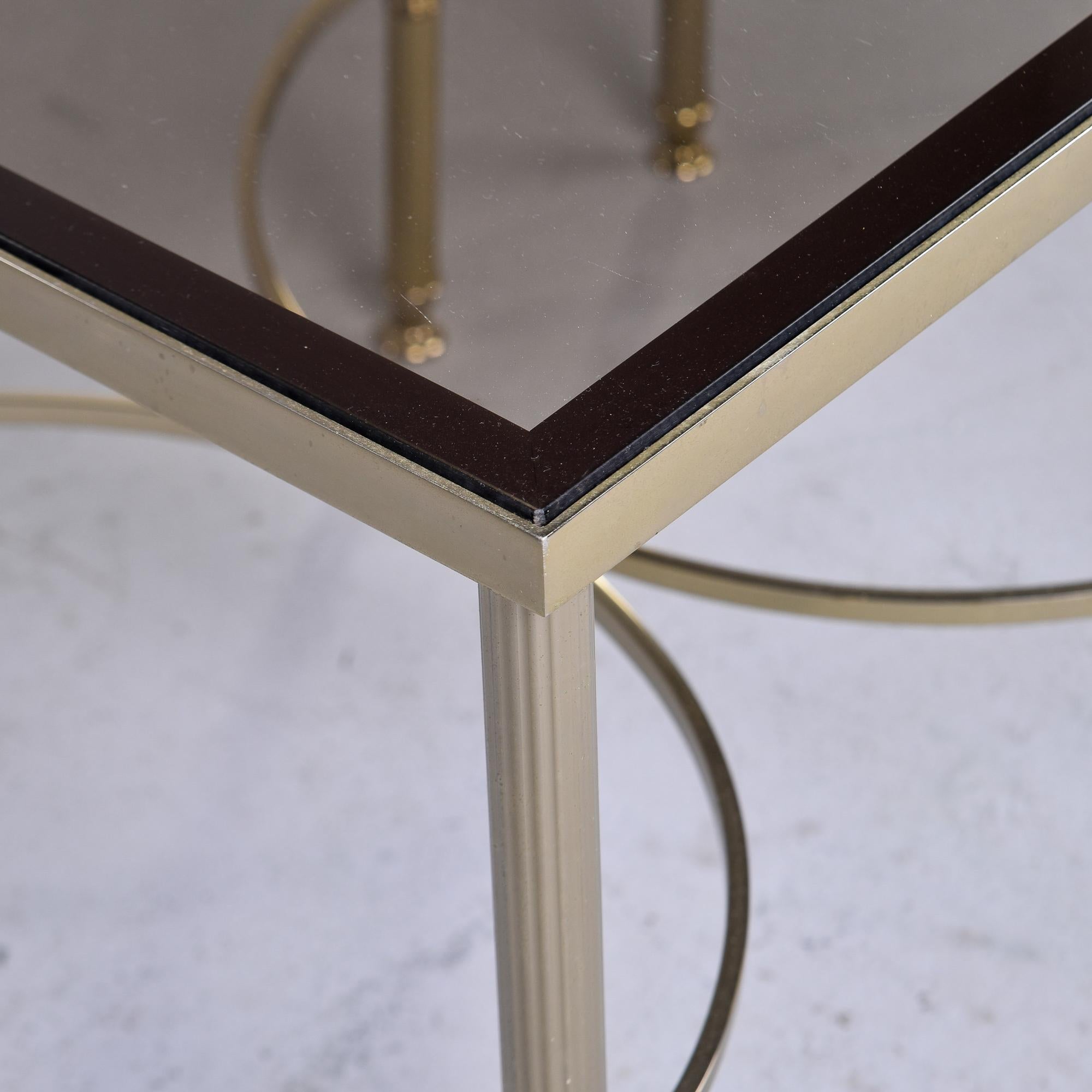 Neoclassical Pair Mid Century French Brass and Smoked Glass Top Side Tables For Sale