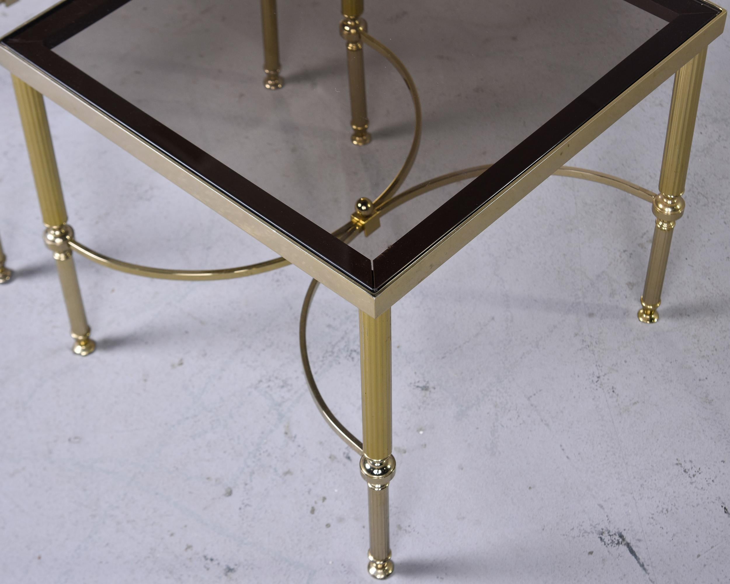 Pair Mid Century French Brass and Smoked Glass Top Side Tables In Good Condition For Sale In Troy, MI