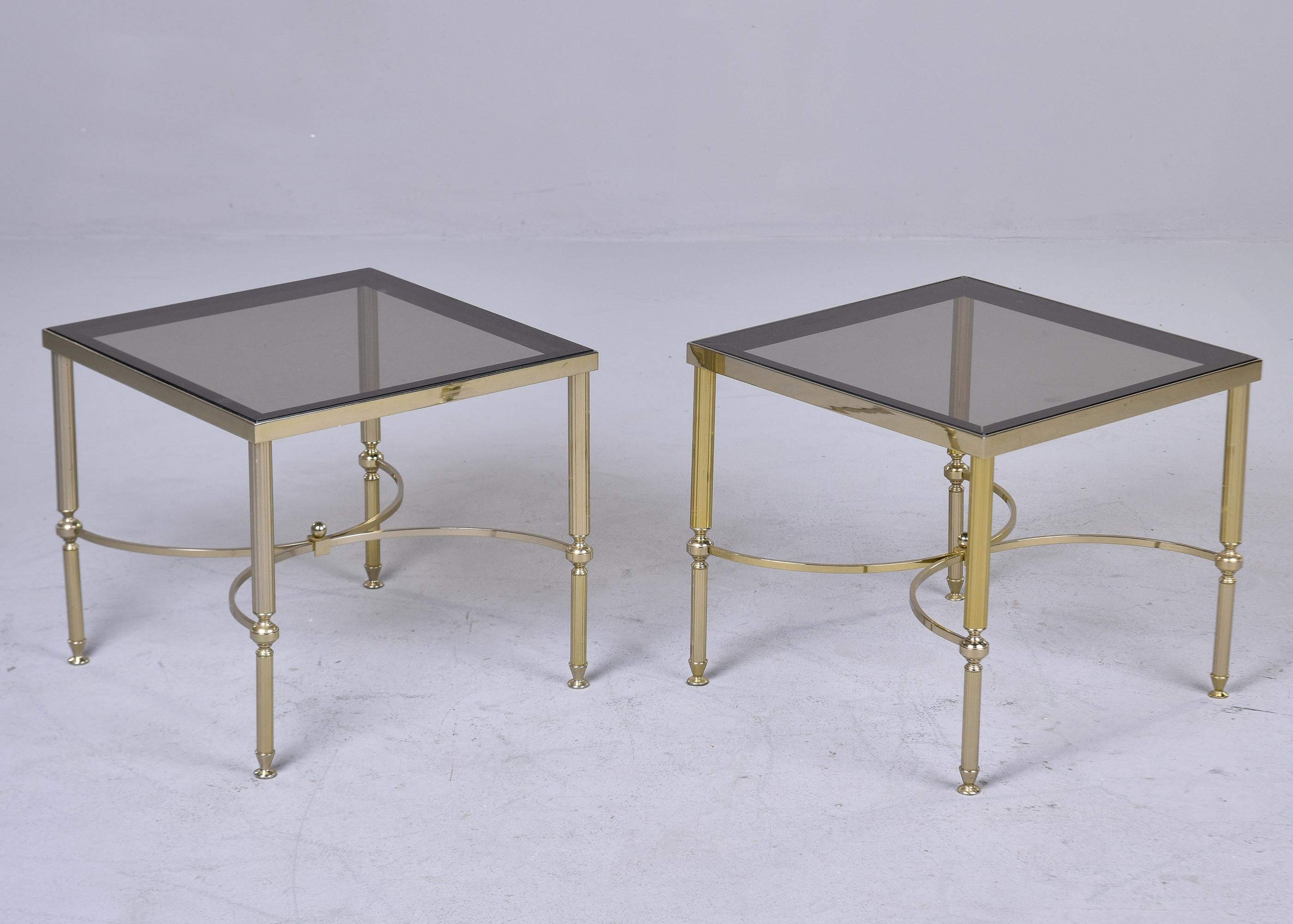 20th Century Pair Mid Century French Brass and Smoked Glass Top Side Tables For Sale