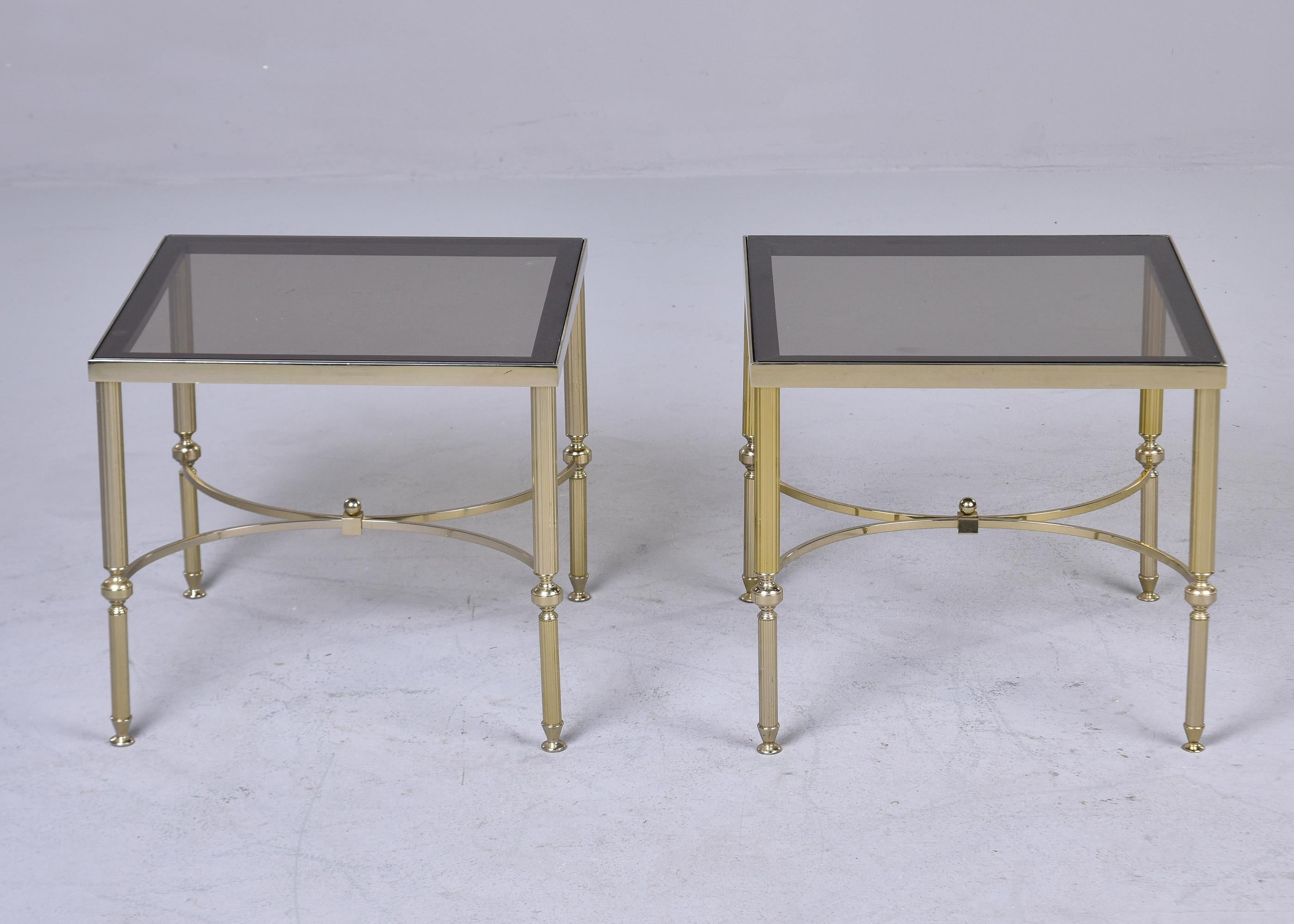 Pair Mid Century French Brass and Smoked Glass Top Side Tables For Sale 1