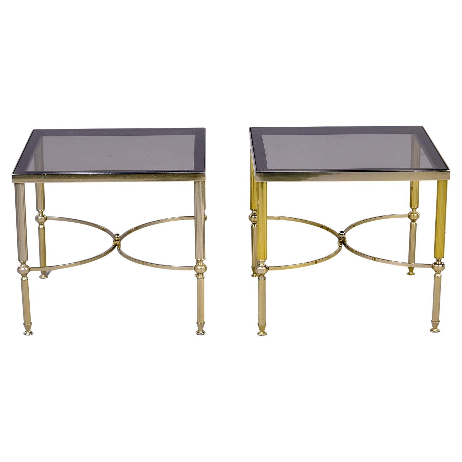 Pair Mid Century French Brass and Smoked Glass Top Side Tables For Sale