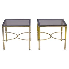 Retro Pair Mid Century French Brass and Smoked Glass Top Side Tables