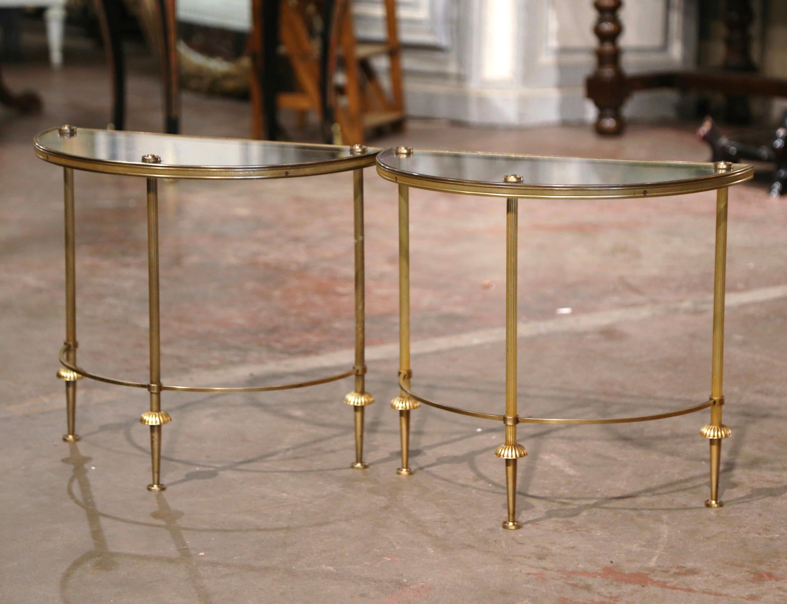 Pair Mid-Century French Brass & Glass Demi-Lune Side Tables Maison Baguès Style 6