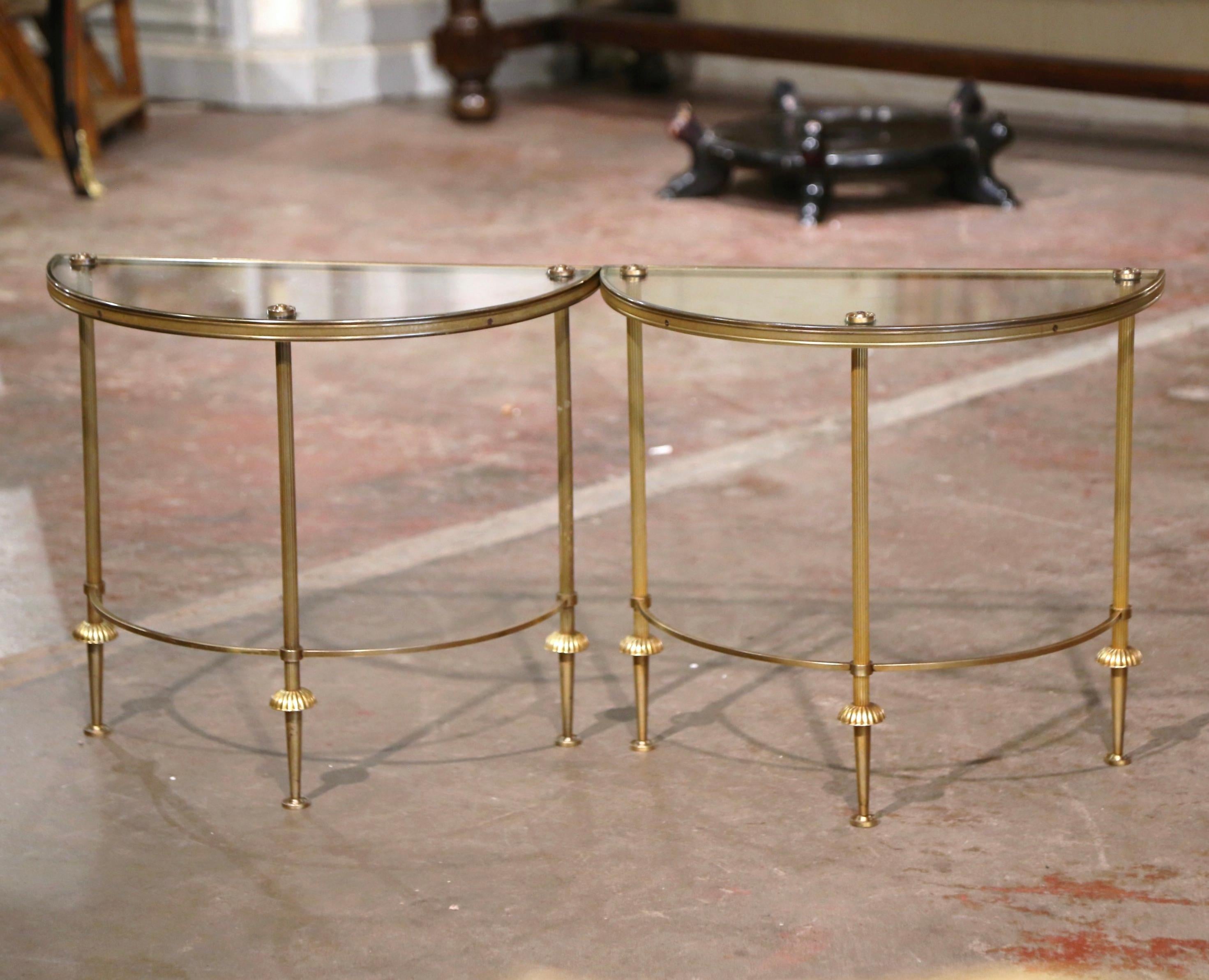 Pair Mid-Century French Brass & Glass Demi-Lune Side Tables Maison Baguès Style 7