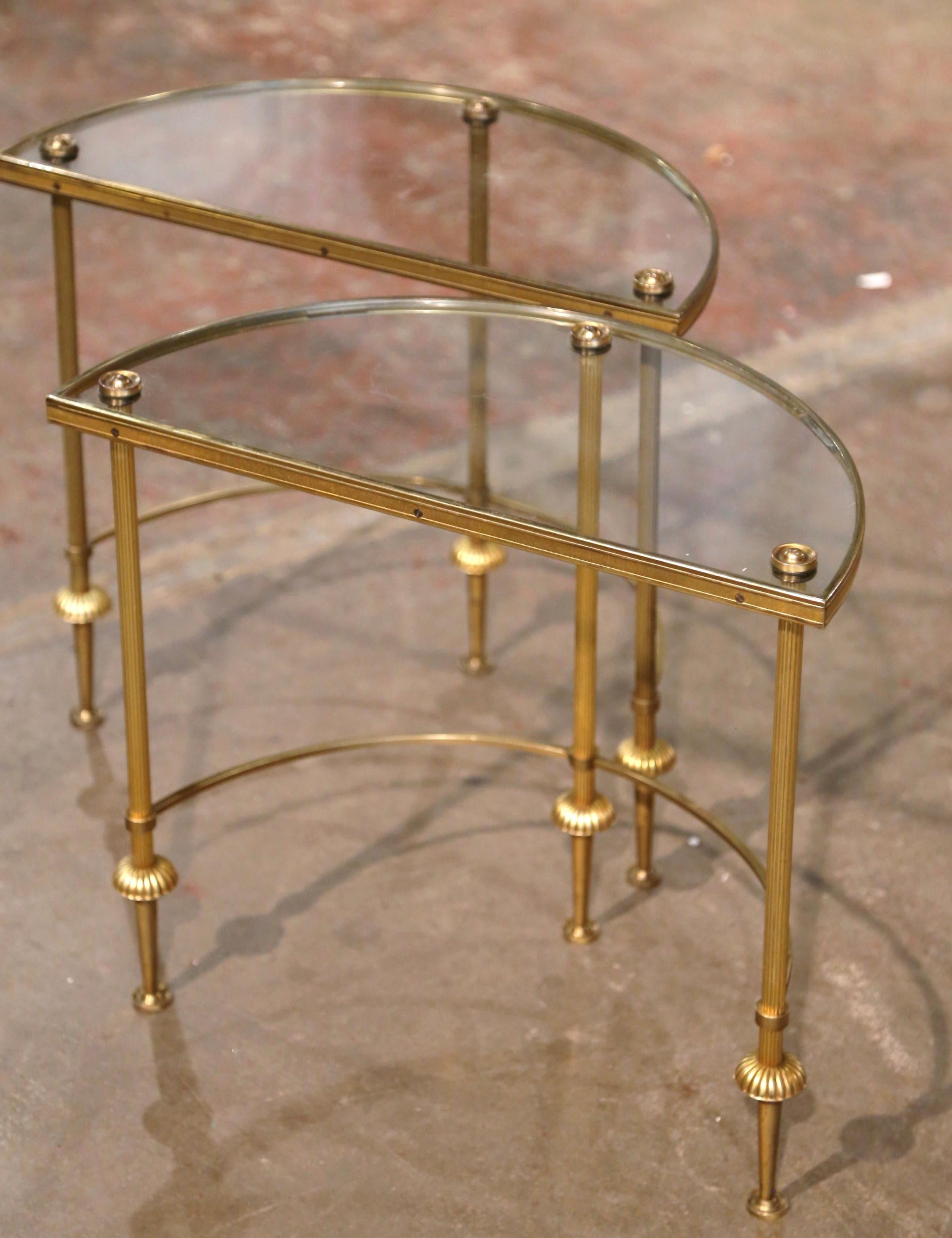 Pair Mid-Century French Brass & Glass Demi-Lune Side Tables Maison Baguès Style 8