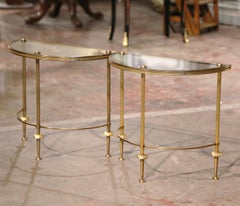 Pair Mid-Century French Brass & Glass Demi-Lune Side Tables Maison Baguès Style