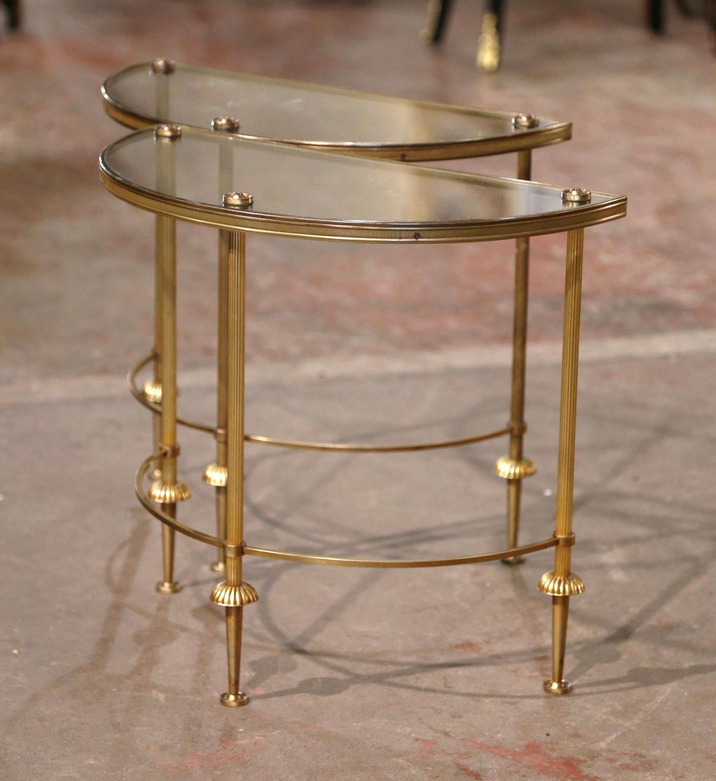 Neoclassical Pair Mid-Century French Brass & Glass Demi-Lune Side Tables Maison Baguès Style