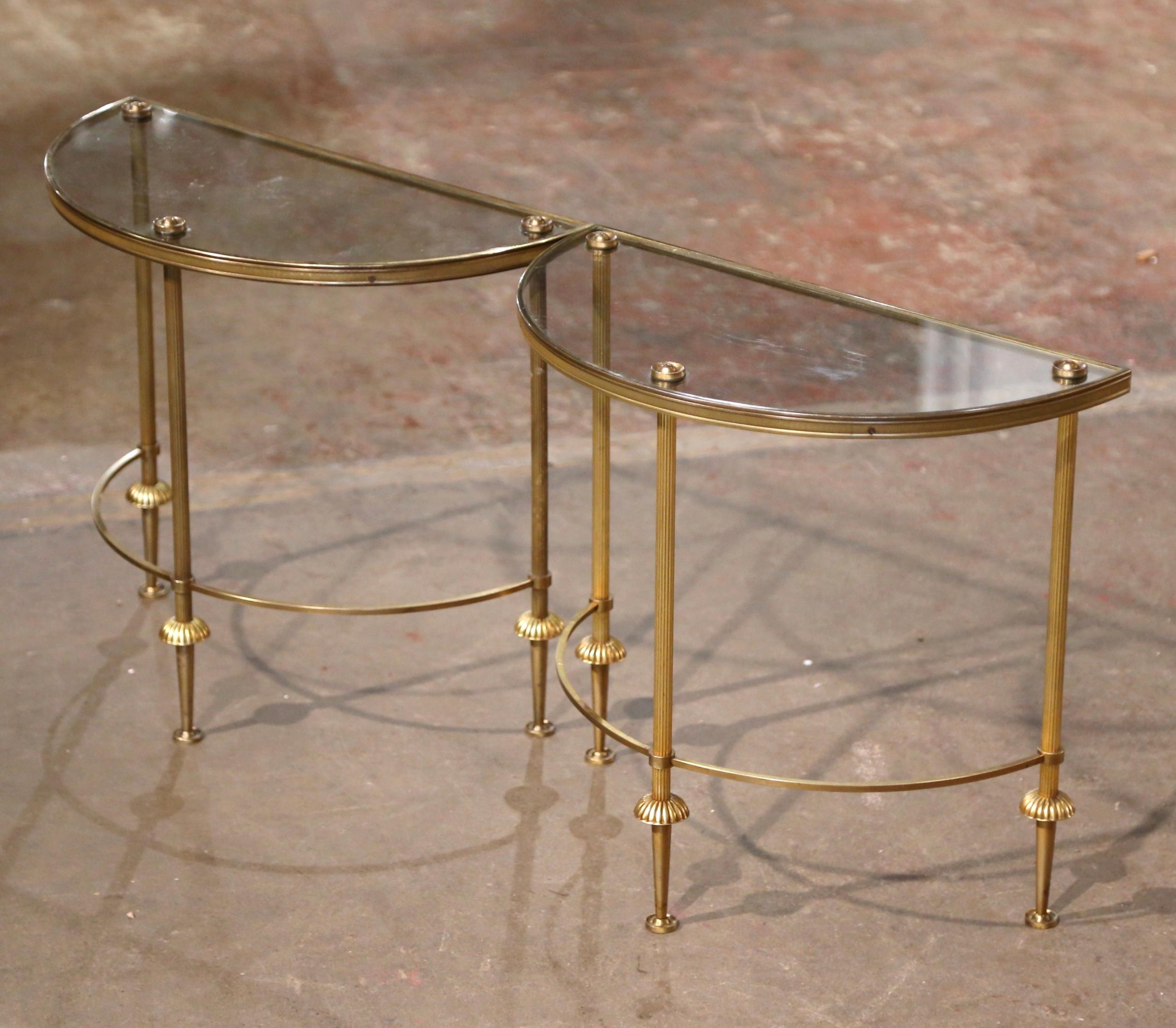 Hand-Crafted Pair Mid-Century French Brass & Glass Demi-Lune Side Tables Maison Baguès Style