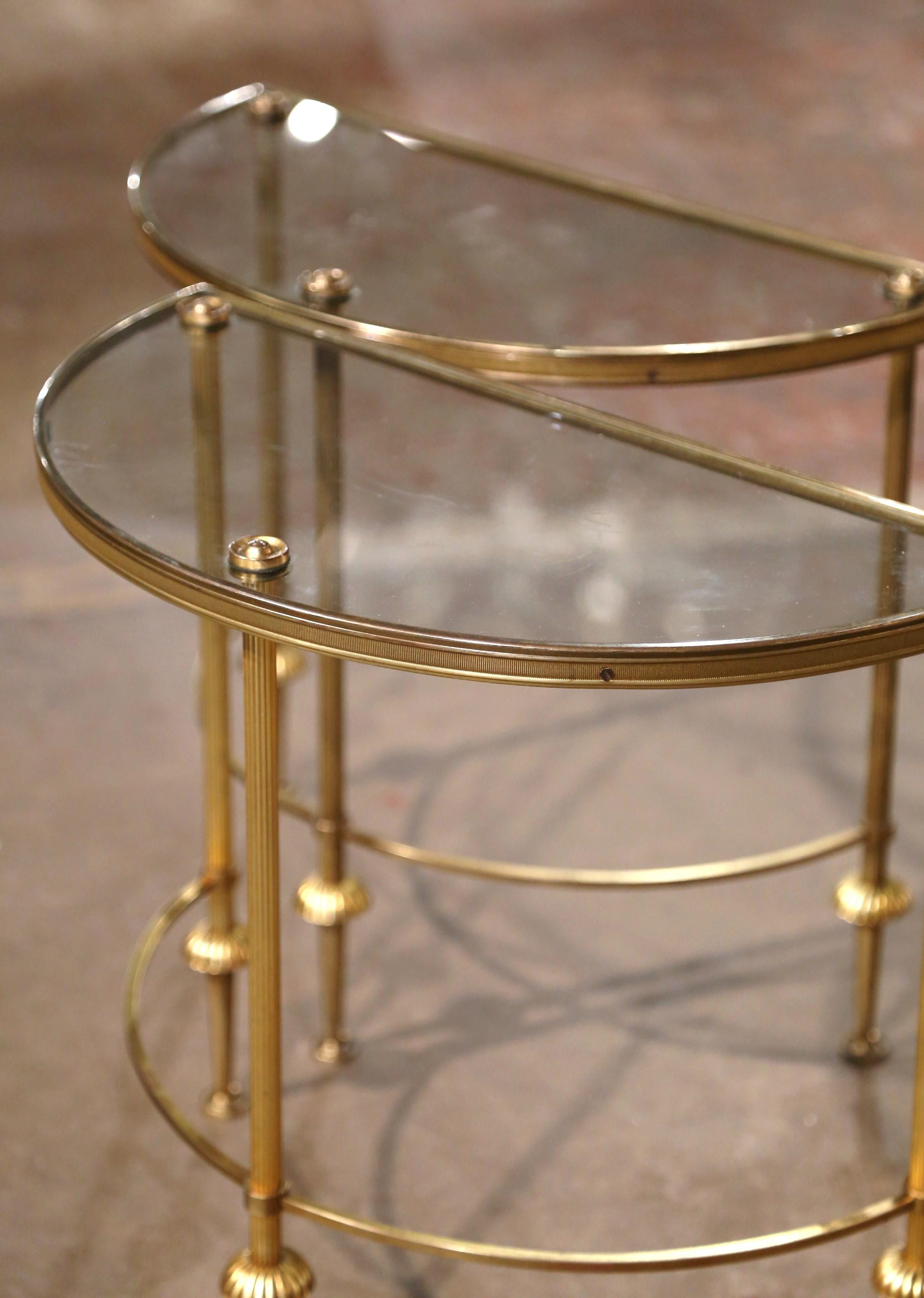 20th Century Pair Mid-Century French Brass & Glass Demi-Lune Side Tables Maison Baguès Style