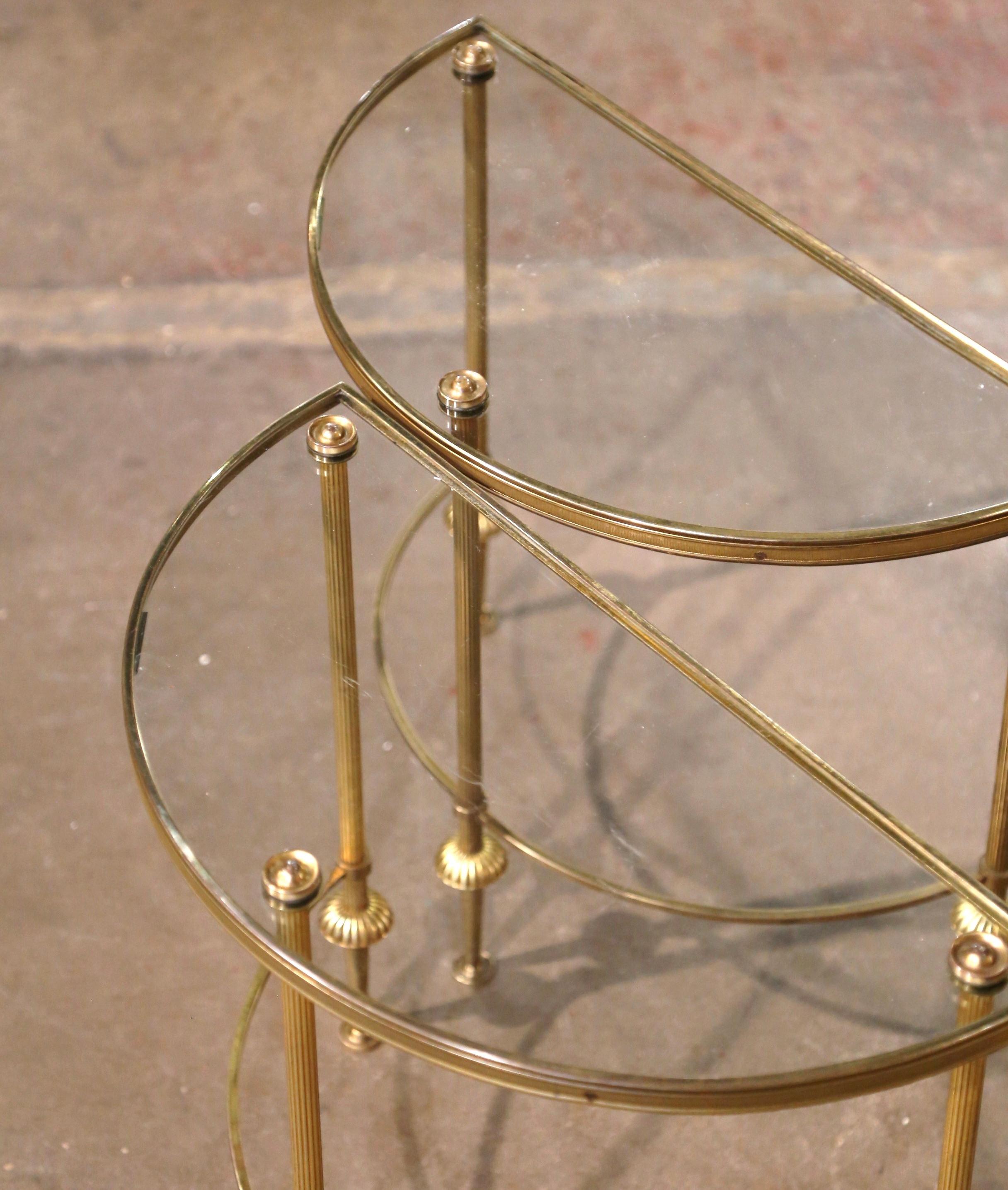 Pair Mid-Century French Brass & Glass Demi-Lune Side Tables Maison Baguès Style 1