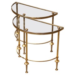 Pair Mid-Century French Brass & Glass Demi-Lune Side Tables Maison Baguès Style
