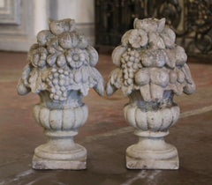 Pair Mid-Century French Carved Weathered Concrete Outdoor Vases with Fruit Decor