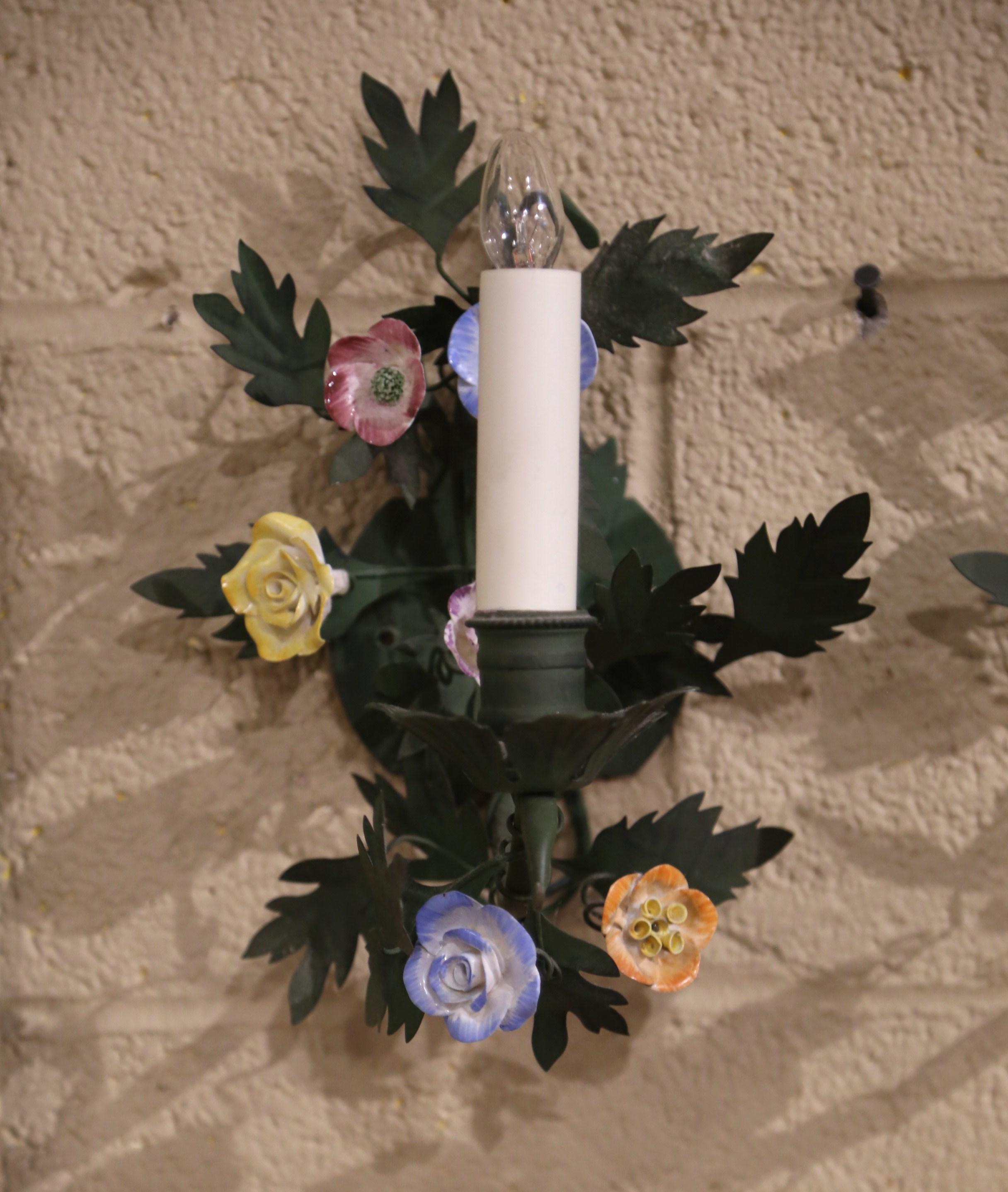 Hand-Crafted Pair Mid-Century French Green Painted Metal and Porcelain Flowers Wall Sconces