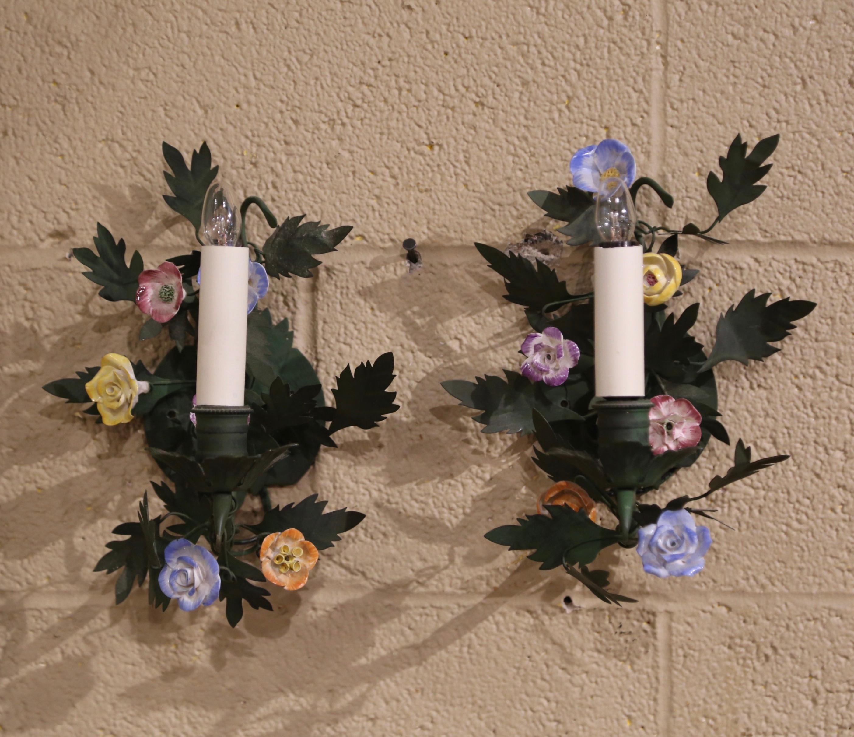 20th Century Pair Mid-Century French Green Painted Metal and Porcelain Flowers Wall Sconces