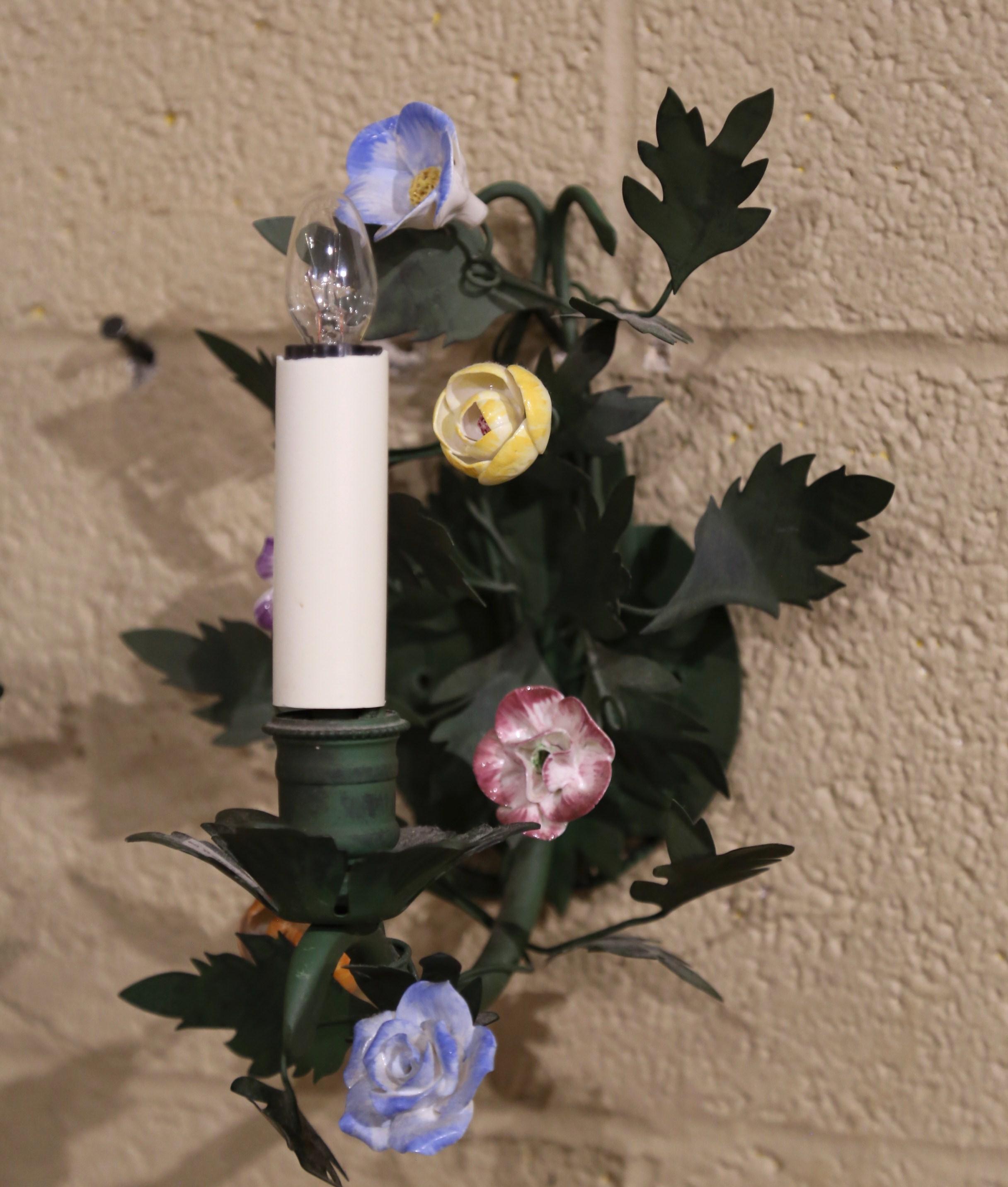 Pair Mid-Century French Green Painted Metal and Porcelain Flowers Wall Sconces 2