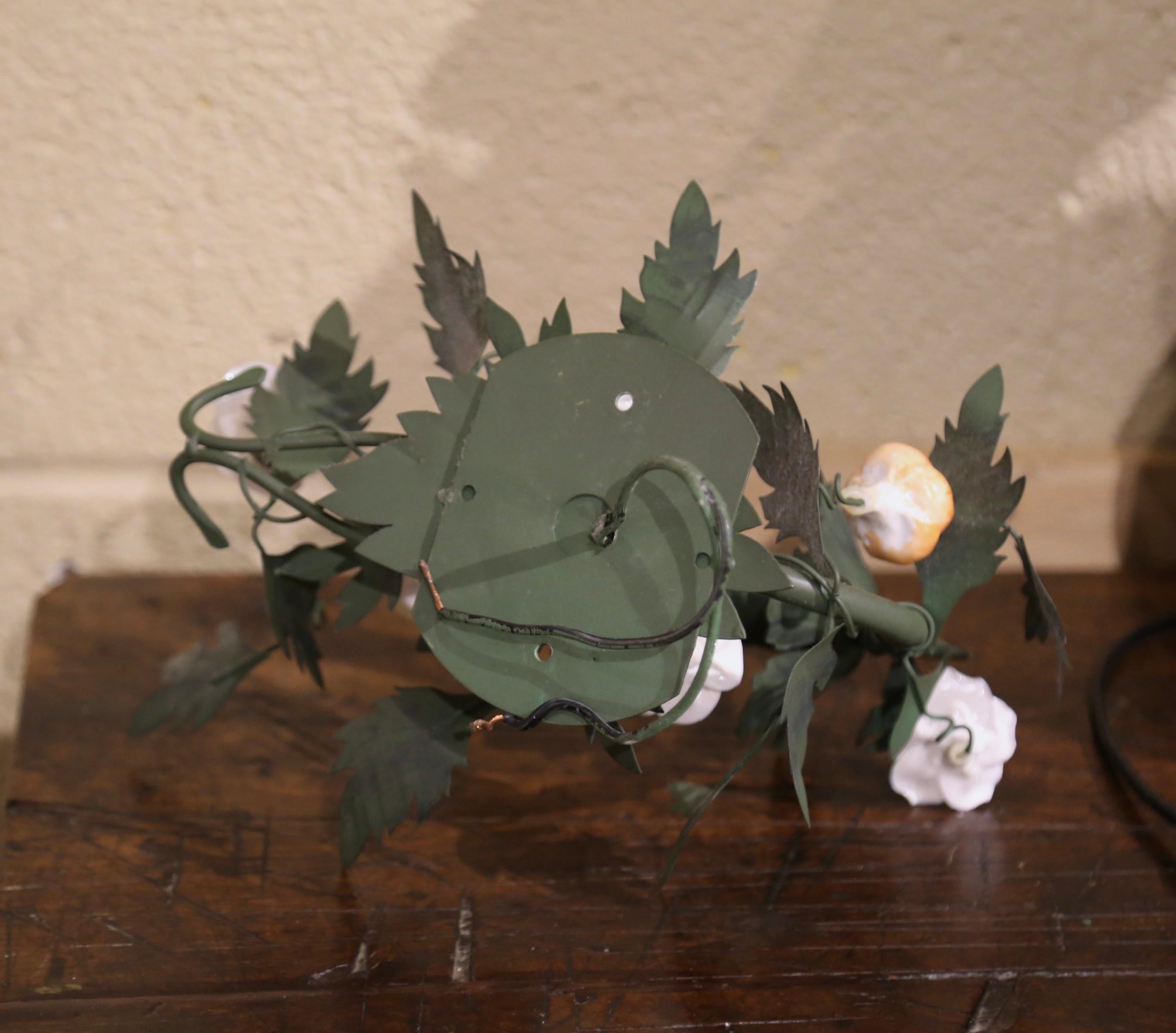 Pair Mid-Century French Green Painted Metal and Porcelain Flowers Wall Sconces 3