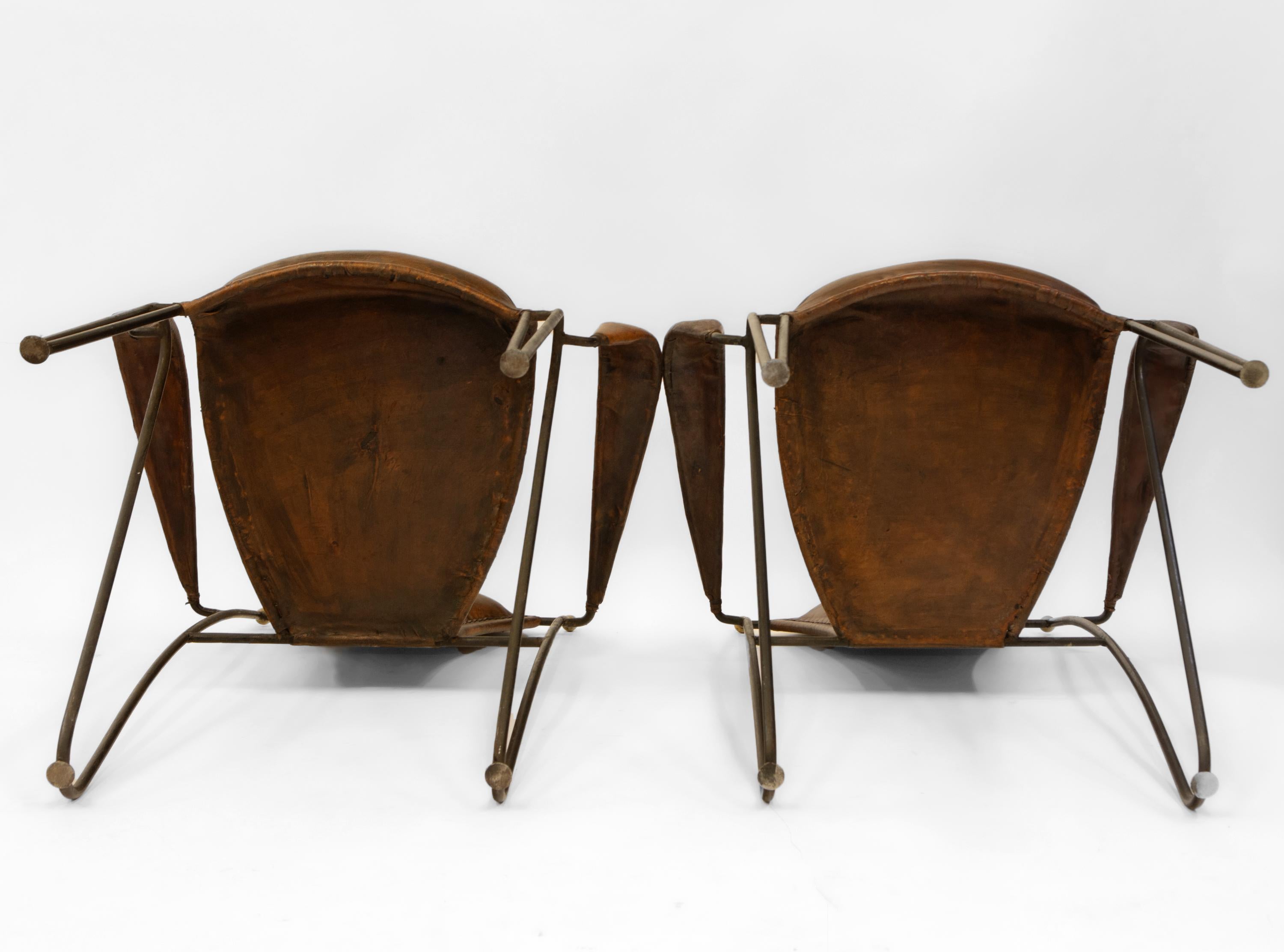 Pair Mid Century French Leather & Iron Armchairs For Sale 10