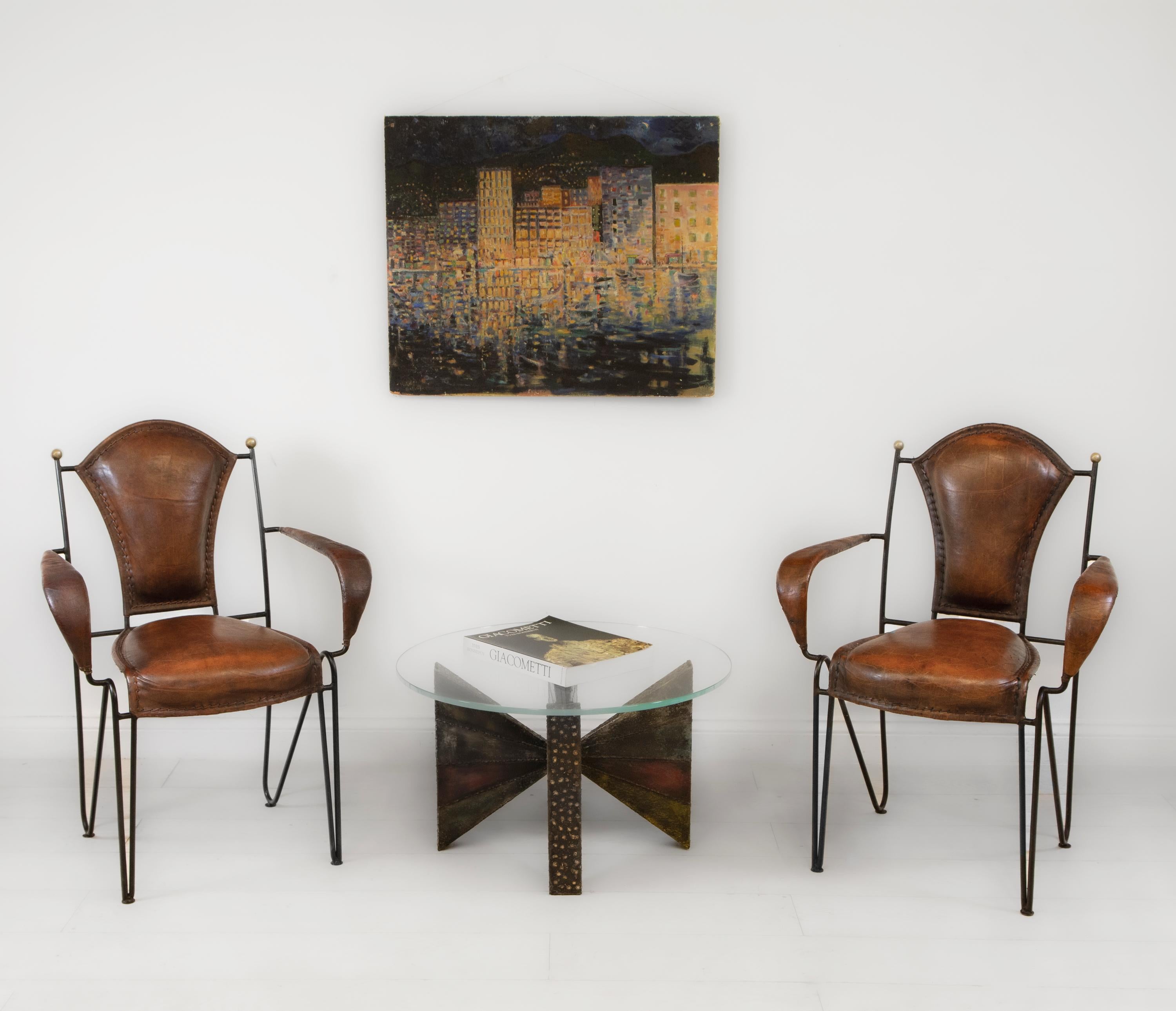 Mid-Century Modern Pair Mid Century French Leather & Iron Armchairs For Sale