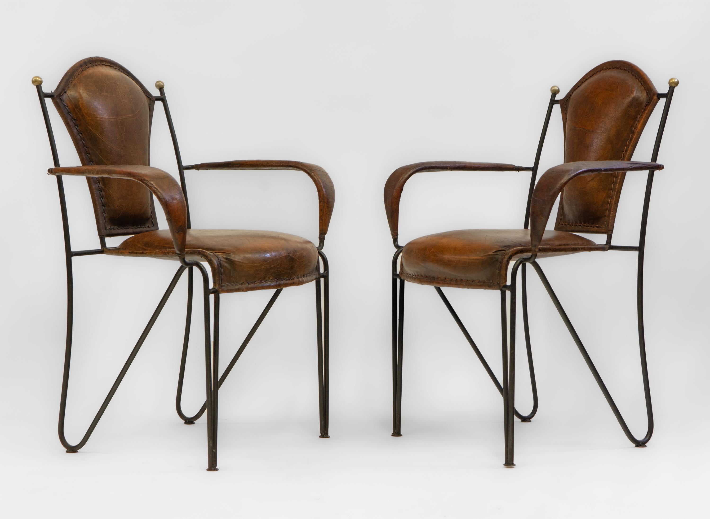 Hand-Crafted Pair Mid Century French Leather & Iron Armchairs For Sale