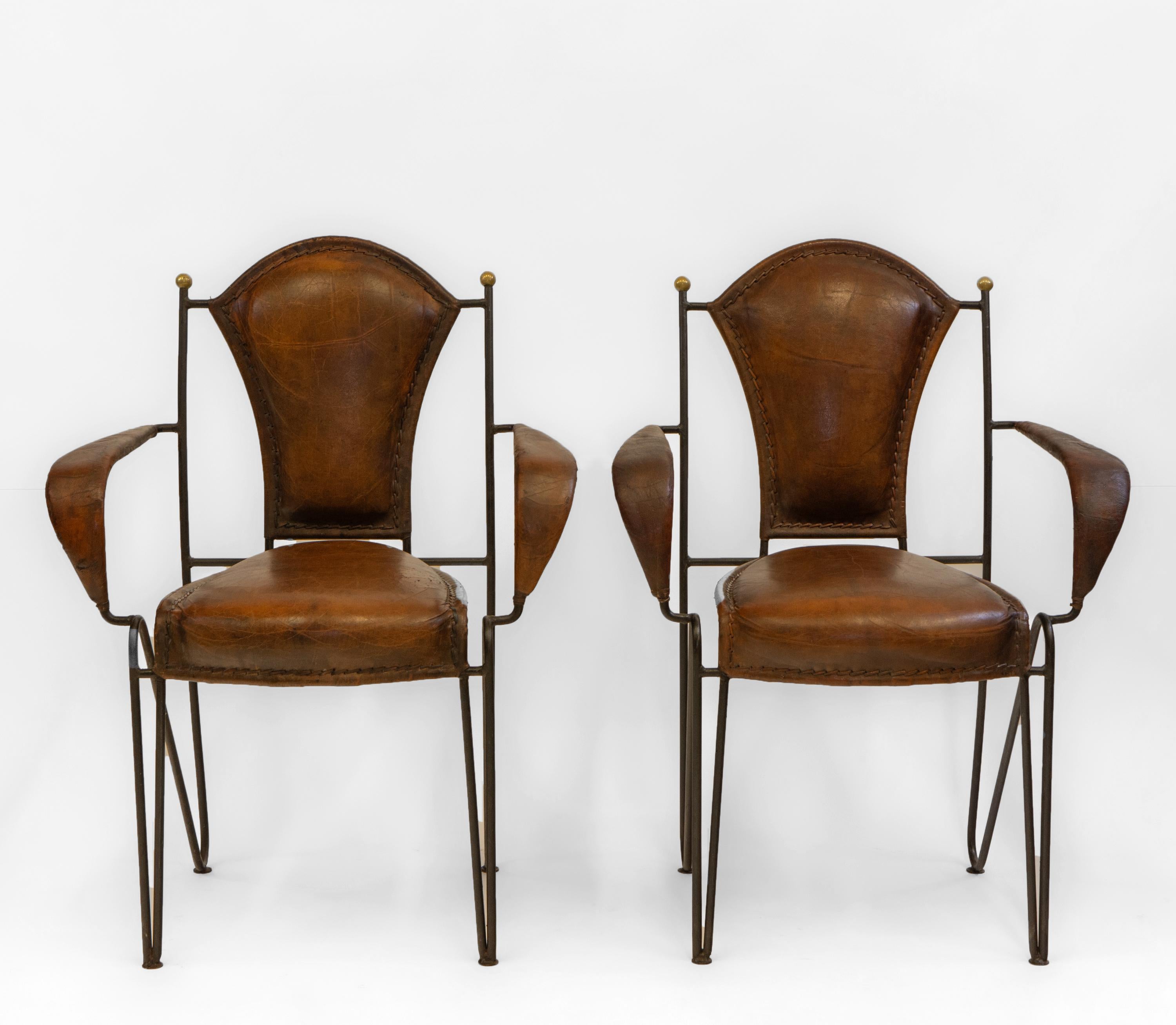 20th Century Pair Mid Century French Leather & Iron Armchairs For Sale