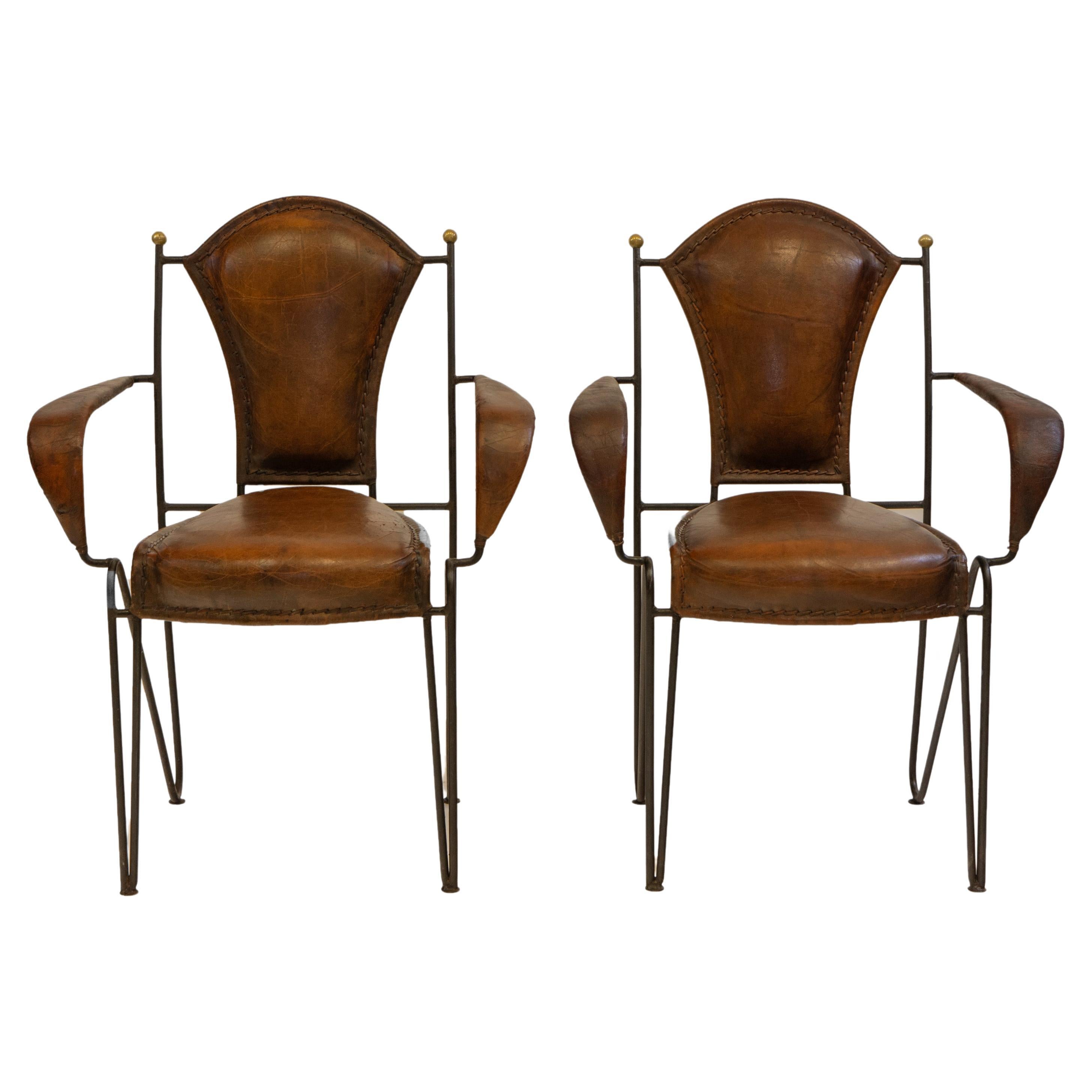 Pair Mid Century French Leather & Iron Armchairs For Sale