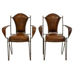 Pair Mid Century French Leather & Iron Armchairs in the Style of Jacques Adnet 
