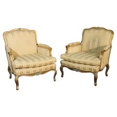 Pair Mid Century French Louis XV Gilded Painted Bergere Chairs, Circa 1940