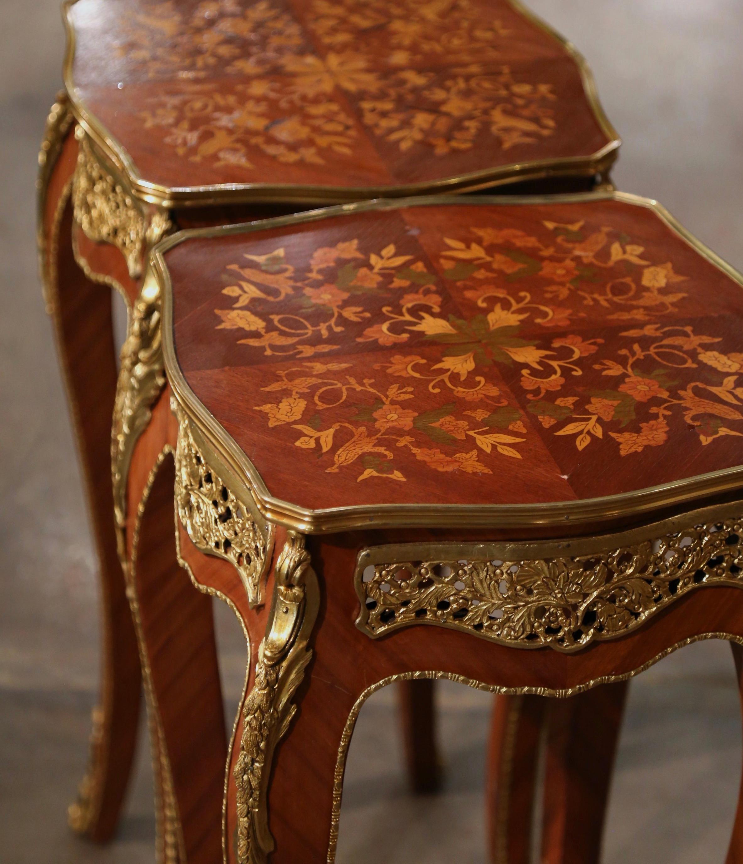 Pair Mid-Century French Louis XV Marquetry Inlaid and Ormolu Mounted Side Tables For Sale 4