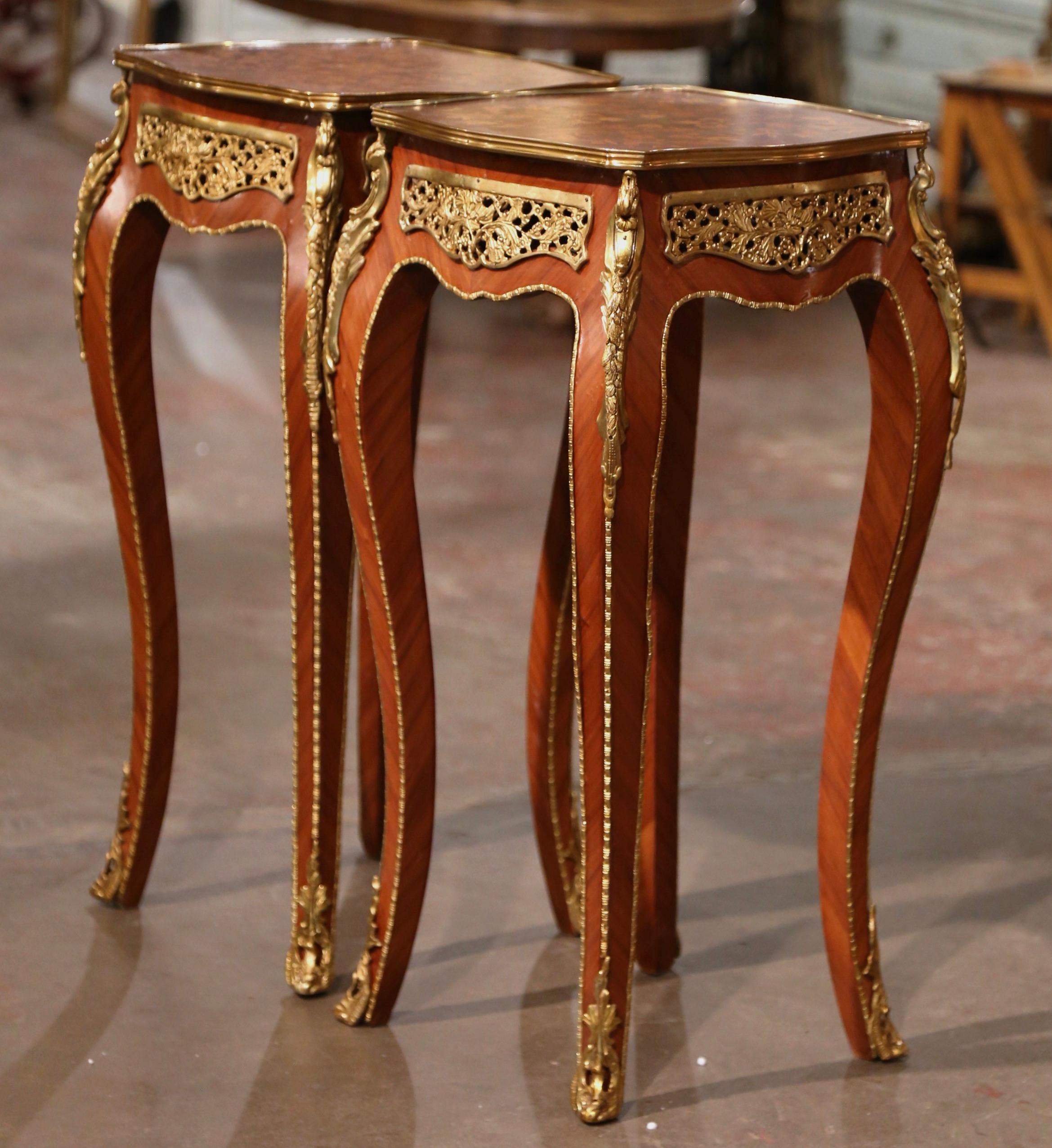 Pair Mid-Century French Louis XV Marquetry Inlaid and Ormolu Mounted Side Tables For Sale 5