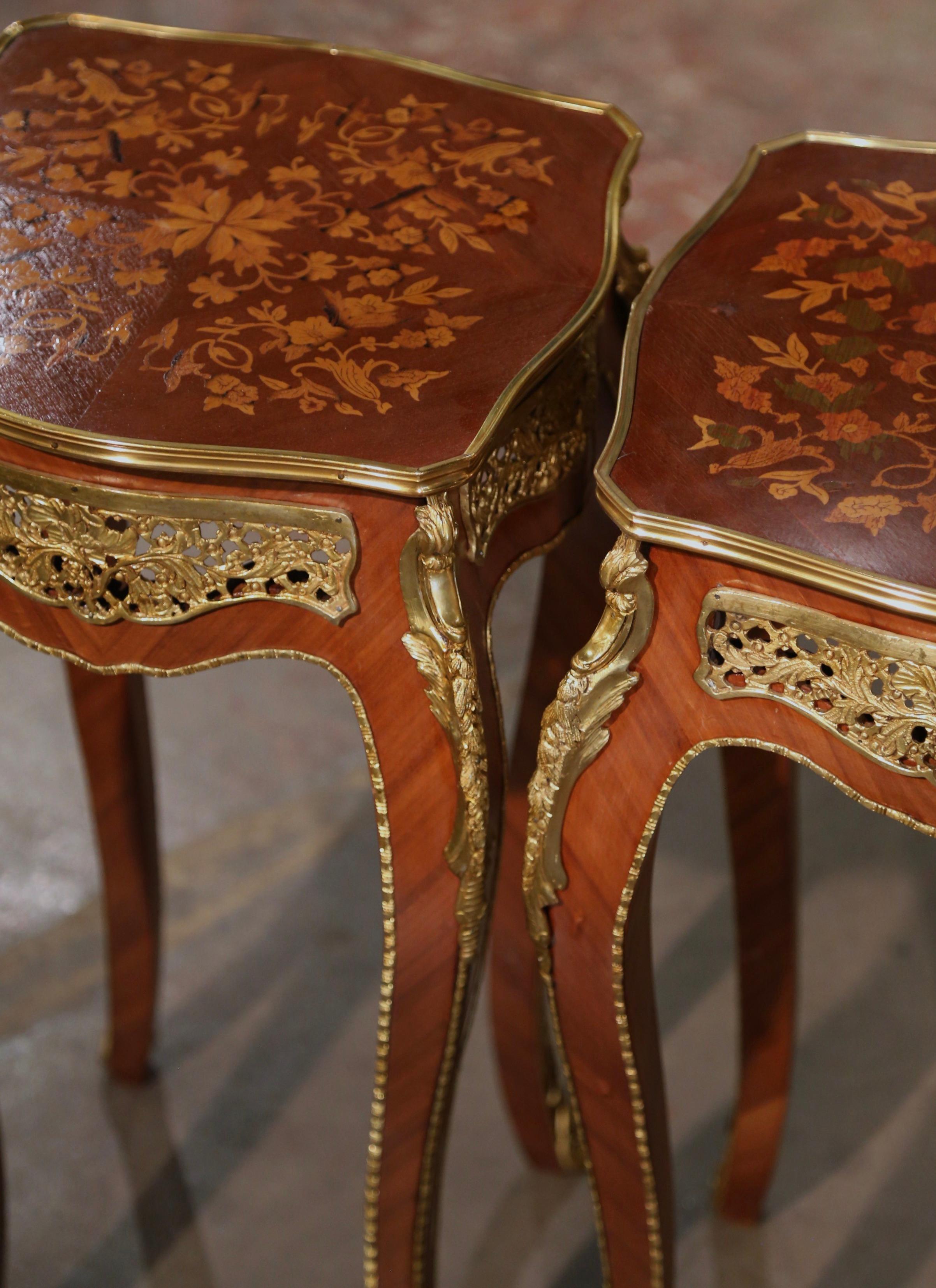 Bronze Pair Mid-Century French Louis XV Marquetry Inlaid and Ormolu Mounted Side Tables For Sale