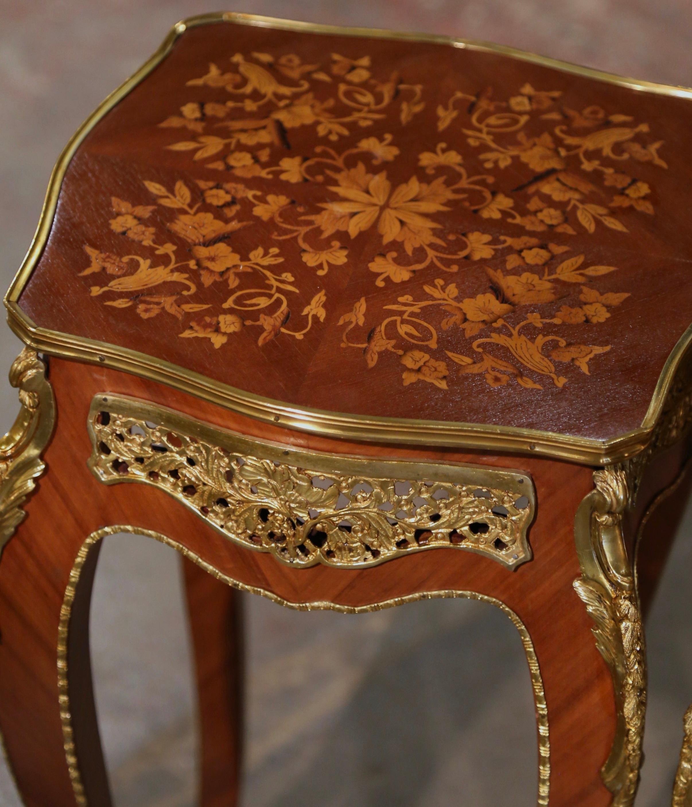 Pair Mid-Century French Louis XV Marquetry Inlaid and Ormolu Mounted Side Tables For Sale 2