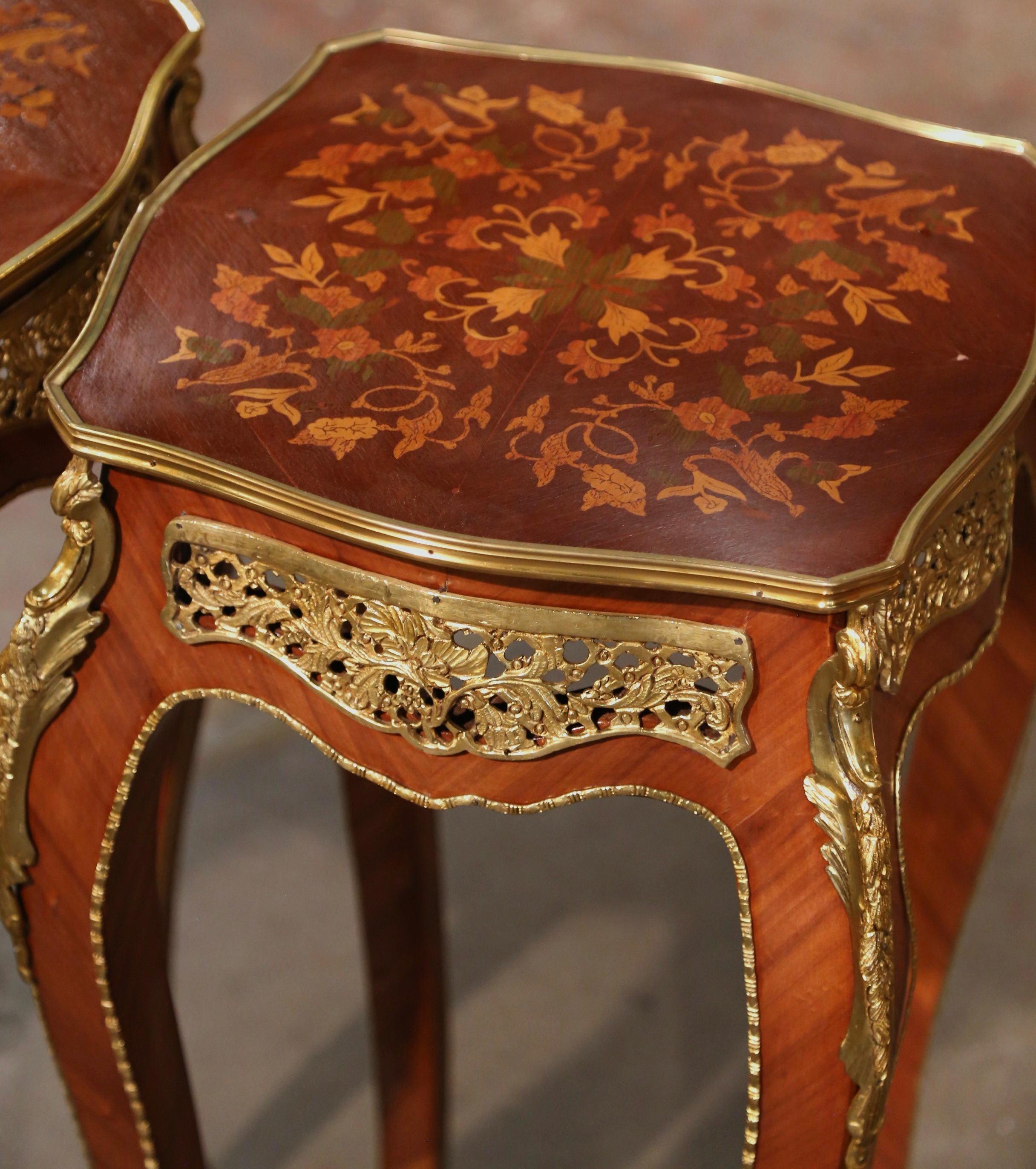 Pair Mid-Century French Louis XV Marquetry Inlaid and Ormolu Mounted Side Tables For Sale 3